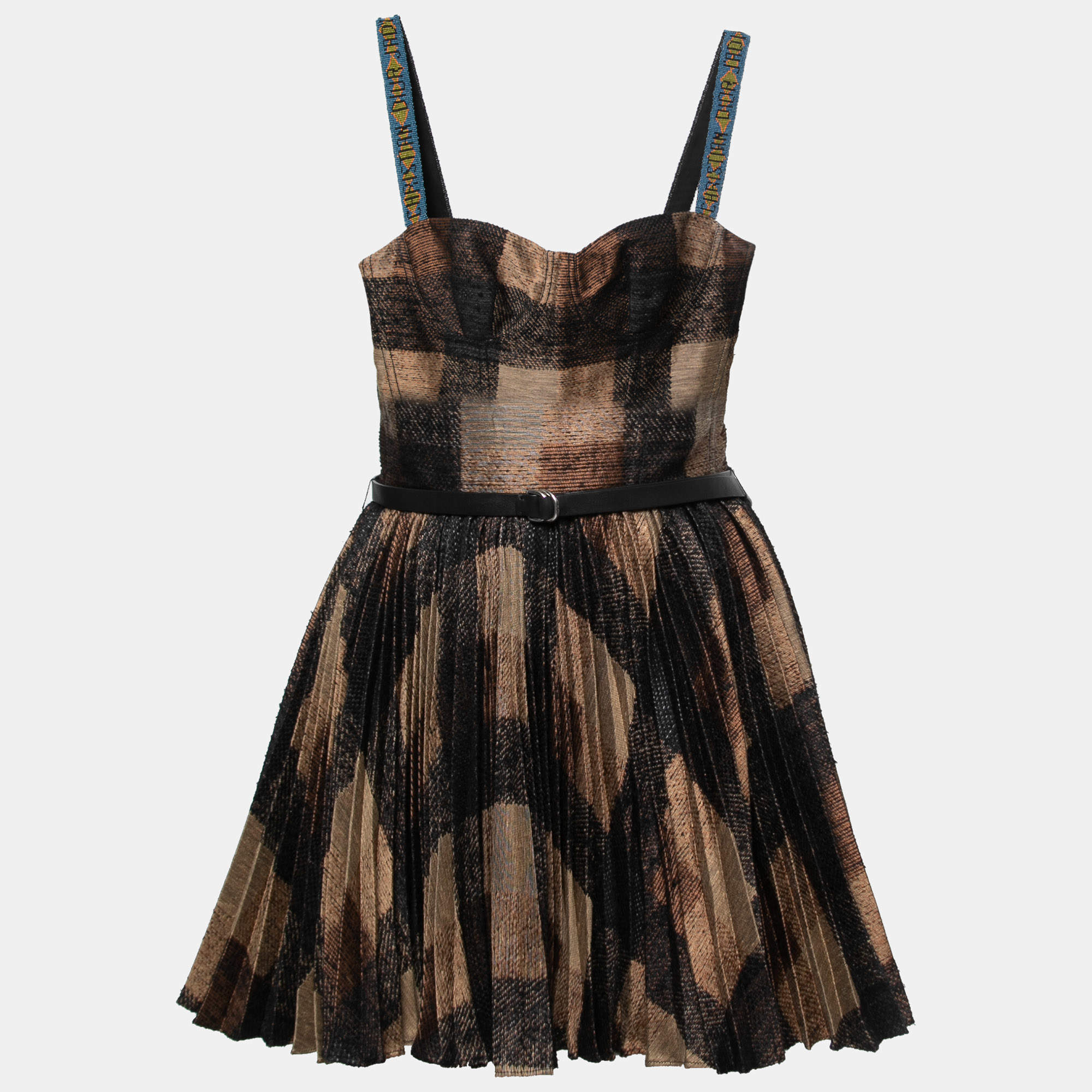 Pre Owned Dior Black and Brown Silk Blend Beaded Strap Pleated A-line Mini Dress S