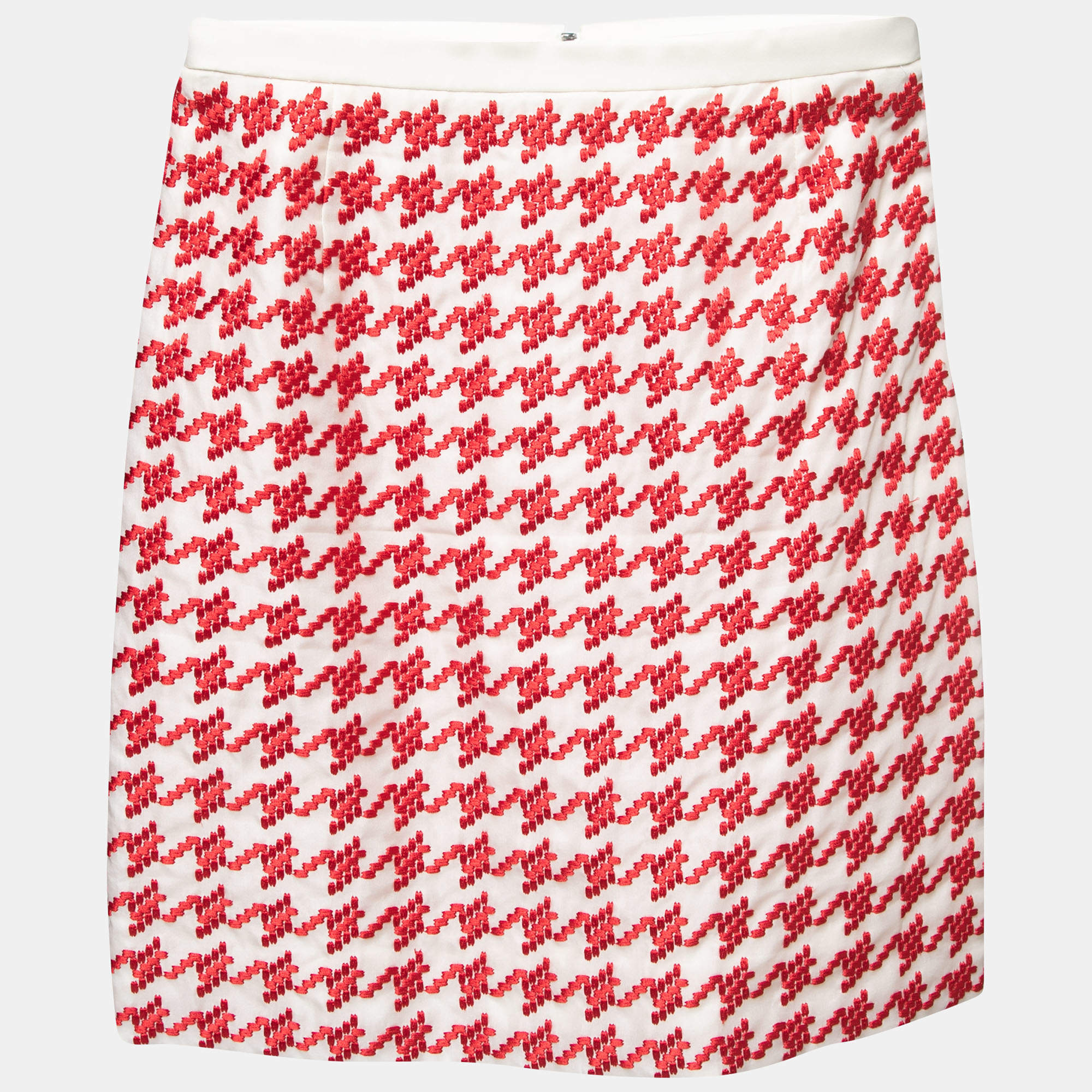 Christian Dior Haute Couture Cream/Red Houndstooth Embroidered Silk Mini Skirt S