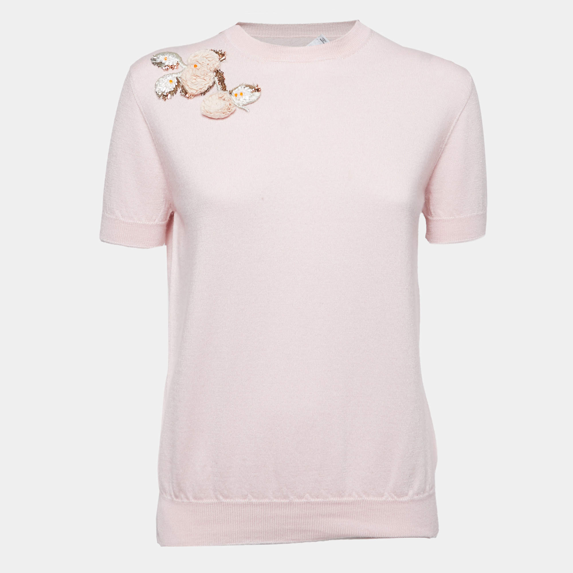 Dior Light Pink Knit Floral Applique Half Sleeve Sweater Top L