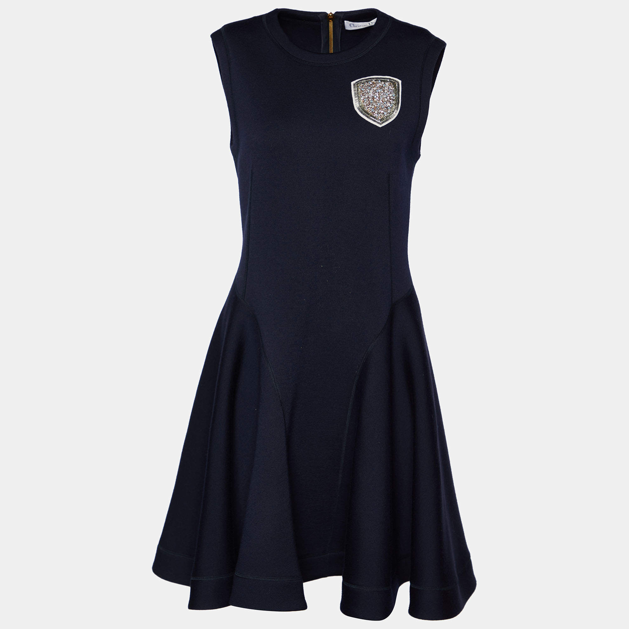 Christian Dior Navy Blue Wool Embellished Detail Sleeveless Midi Dress M