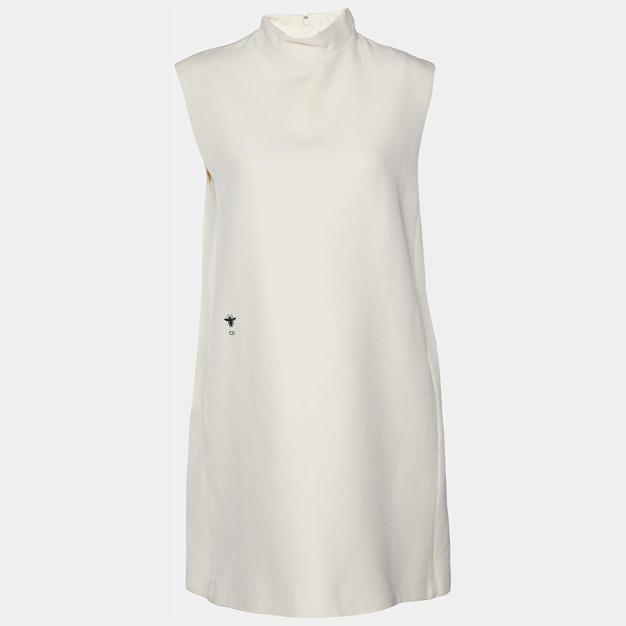 Pre Owned Christian Dior Beige Bee Embroidered Wool & Silk Crepe High Neck Shift Dress M