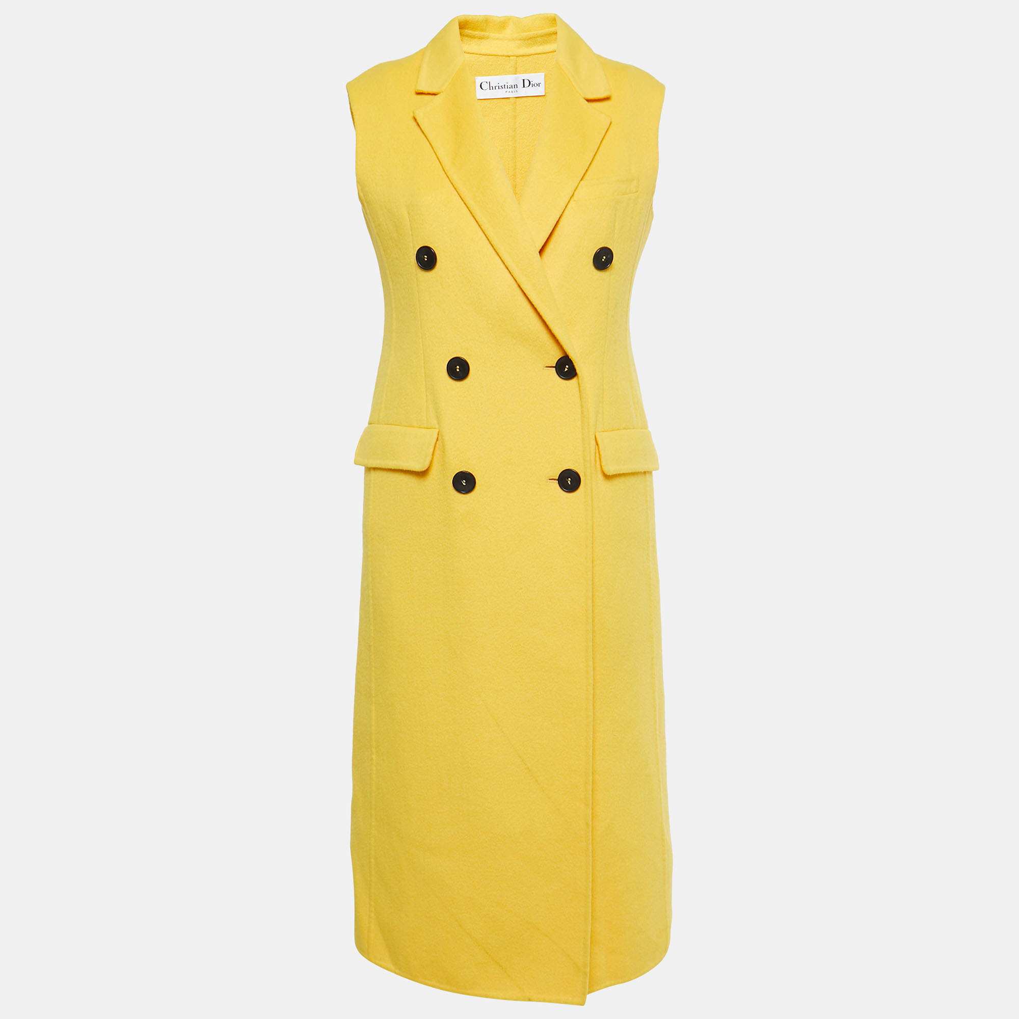 مملوكة مسبقًا Dior Yellow Wool Blend Double Breasted Sleeveless Oversized Coat S