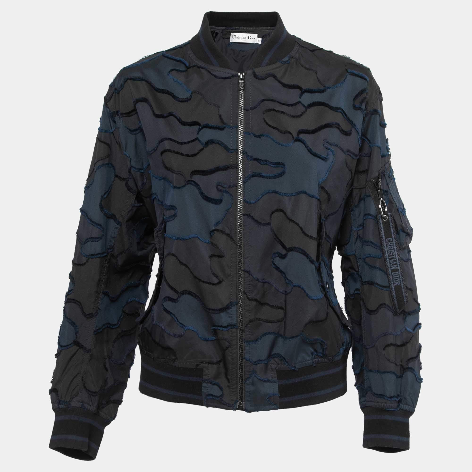 Pre Owned Dior Navy Blue Textured Synthetic Zip Front Bomber Jacket S