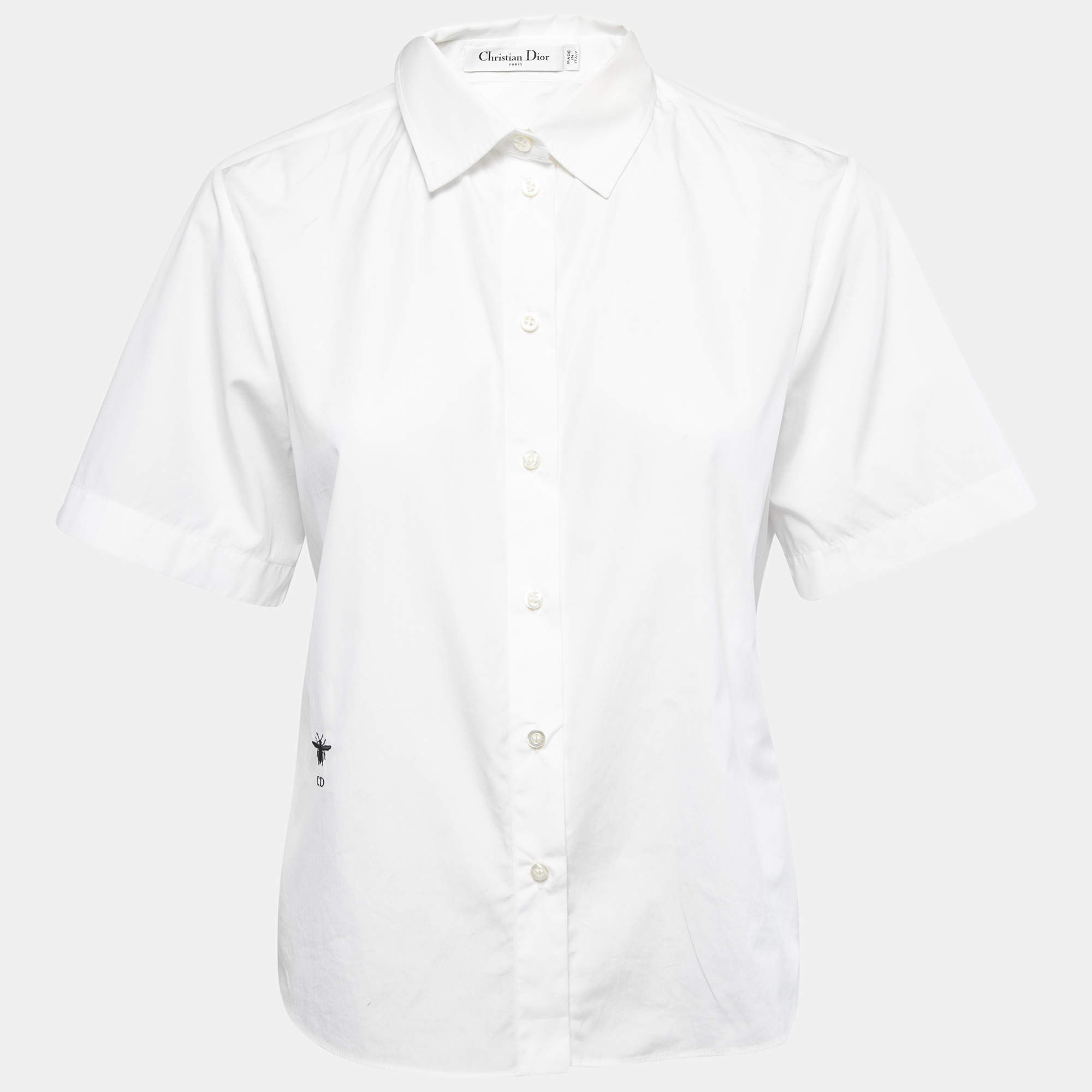 Christian Dior White Cotton Poplin Short Sleeve Shirt M