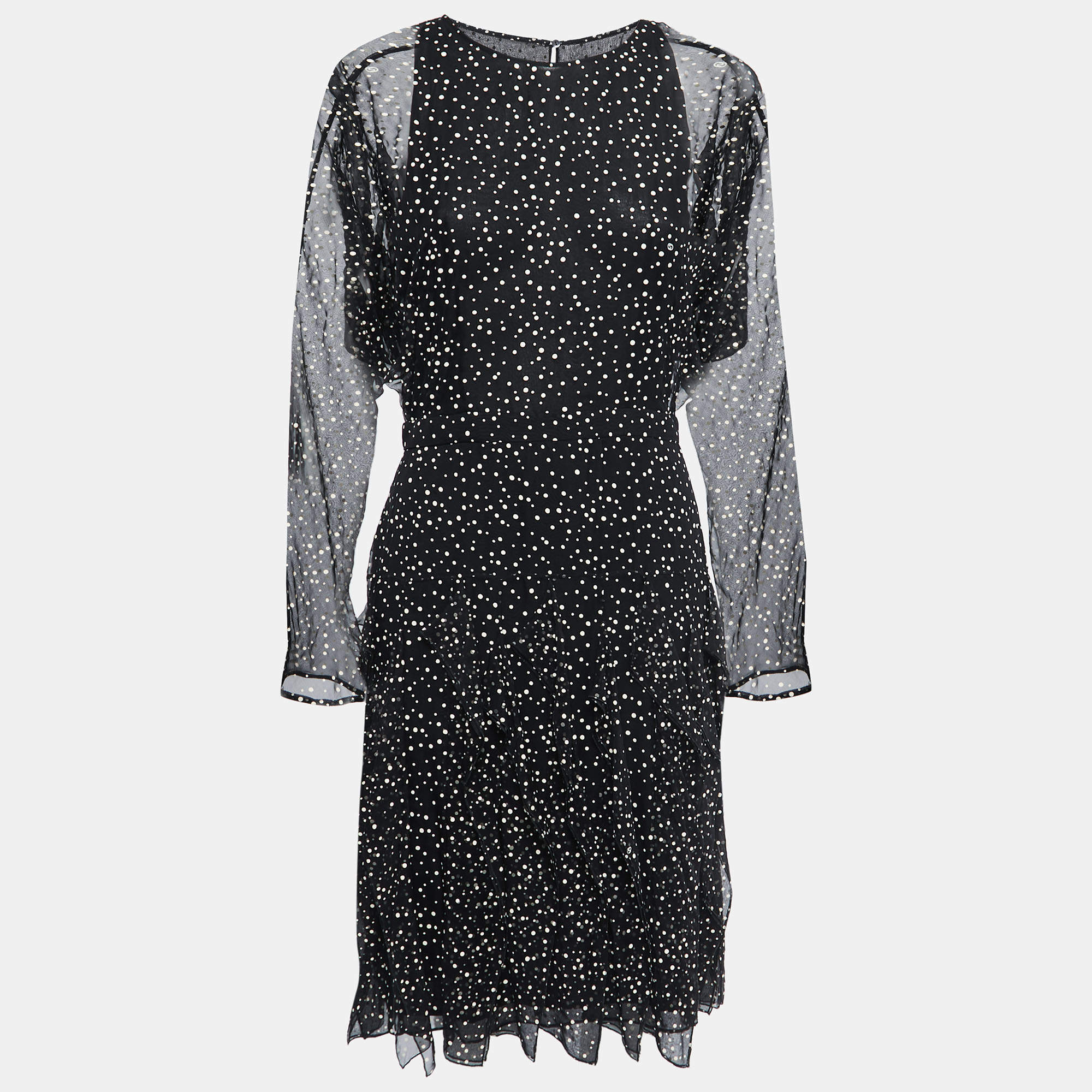 Gucci Black Dotted Silk Chiffon Ruffled Short Dress L