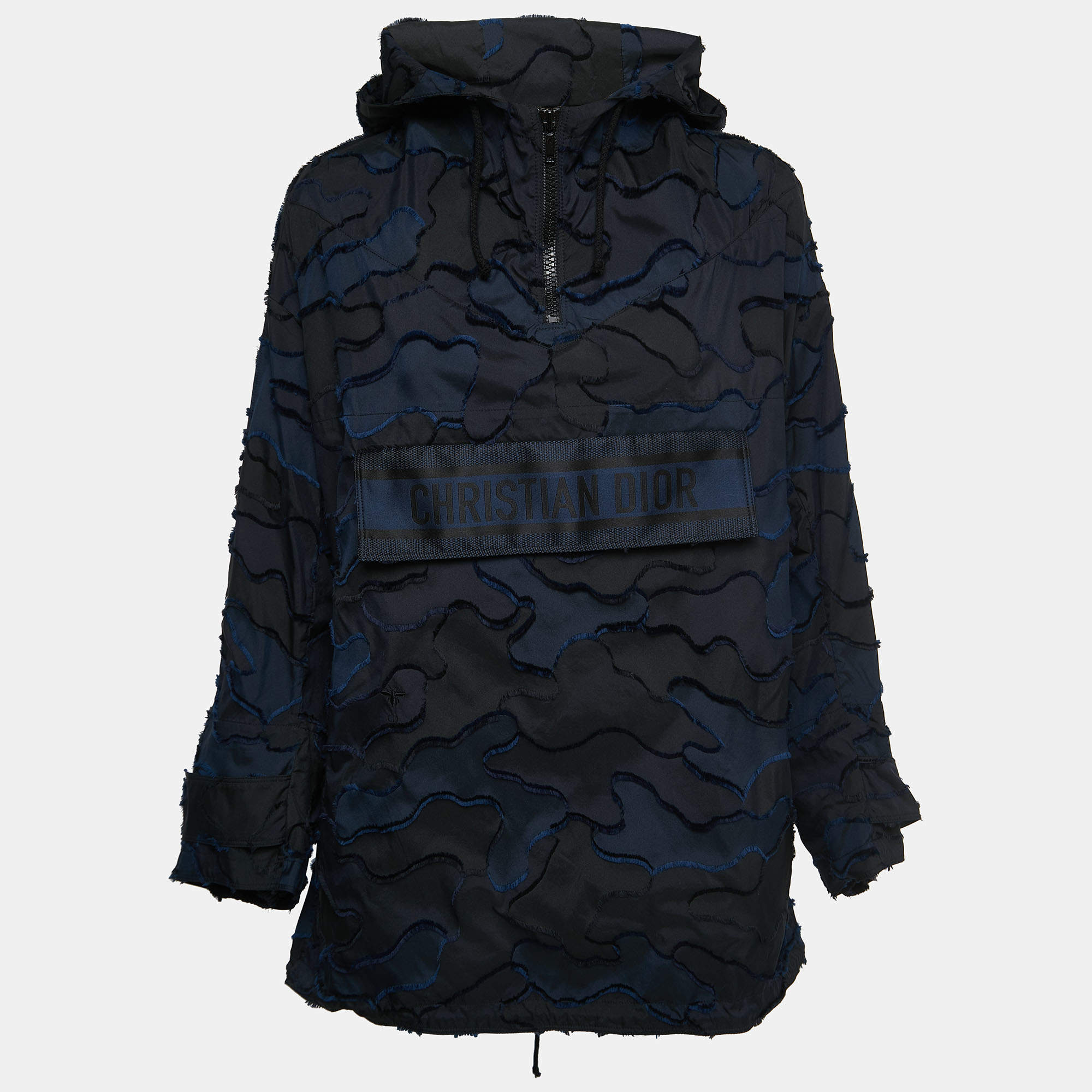 Pre Owned Dior Navy Blue/Black Synthetic Logo Patterned Hooded Jacket XS