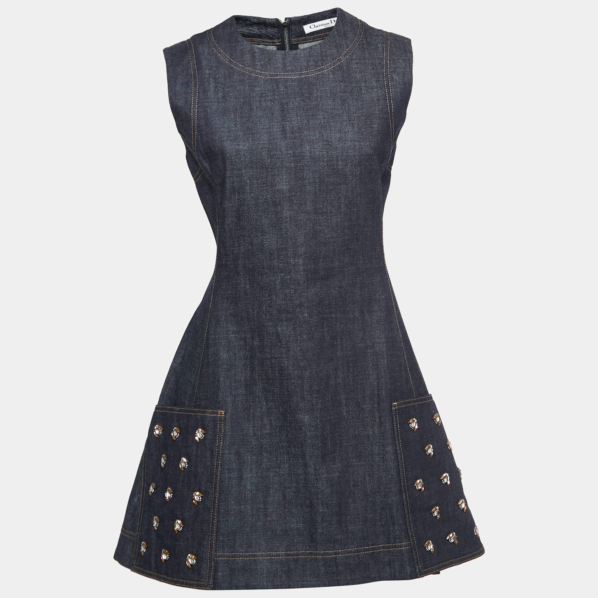 Pre Owned Christian Dior Blue Denim Embellished Sleeveless Short Dress M