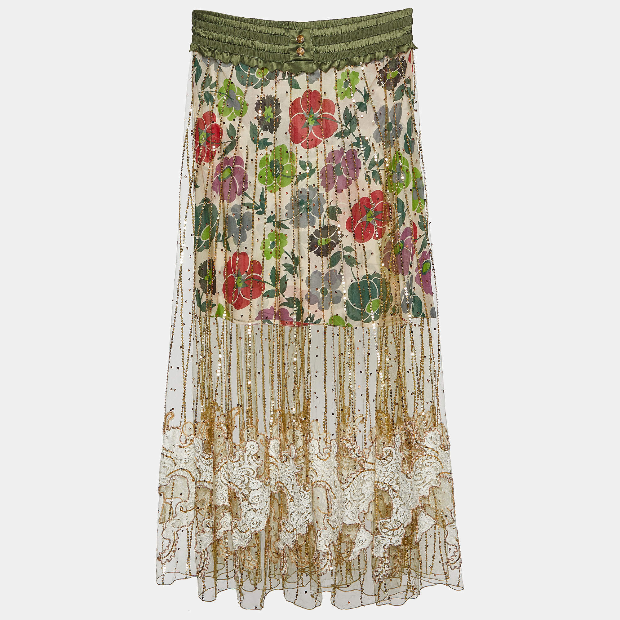 Pre Owned Christian Dior Gold Tulle & Multicolor Floral Printed Silk Lined Maxi Skirt M