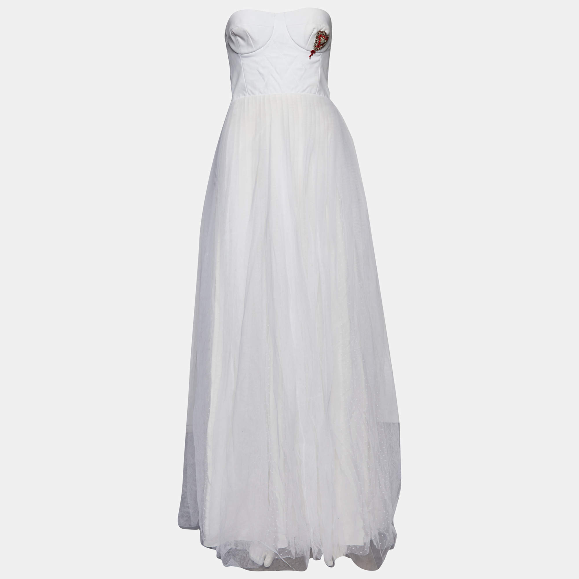 Pre Owned Christian Dior White Silk Bustier Heart Embroidered Bustier Tulle Gown S