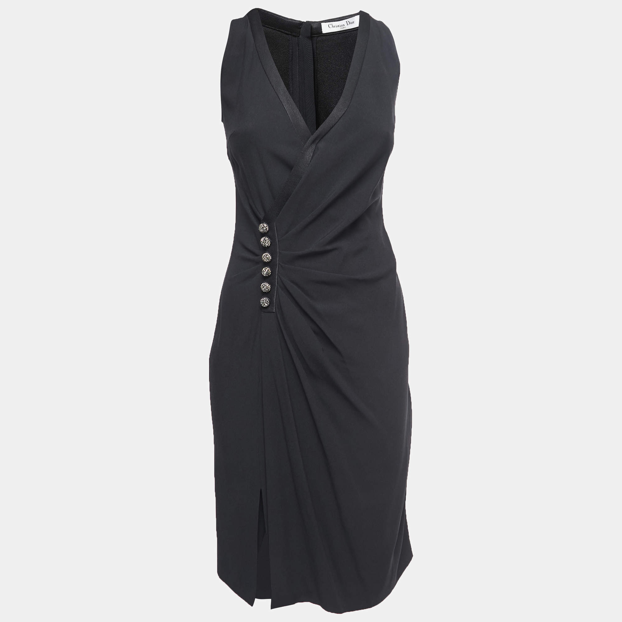 Dior Black Crepe Embellished Button Detail Sleeveless Draped
