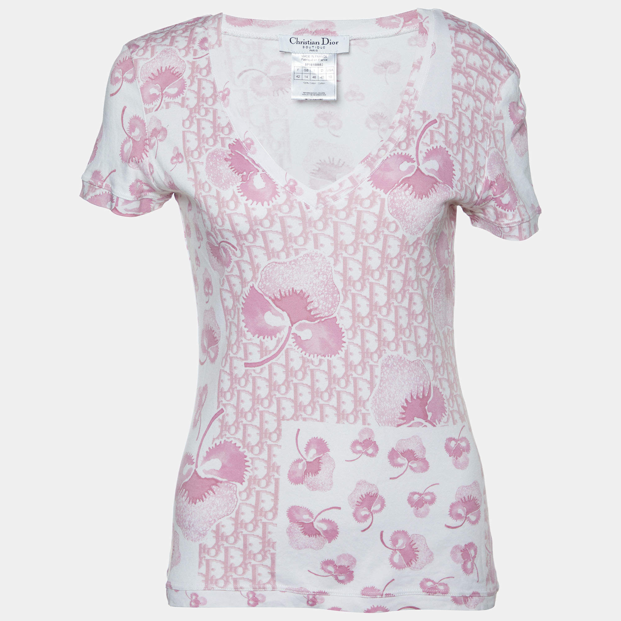 Pre Owned Christian Dior Boutique White & Pink Trotter Monogram Printed Cotton Knit V-Neck T-Shirt L