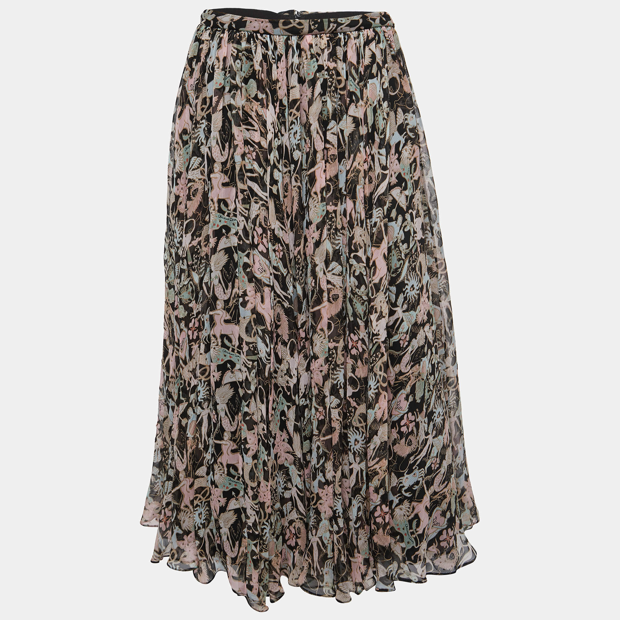 Dior Multicolor Zodiac Print Silk Chiffon Gathered Midi Skirt L