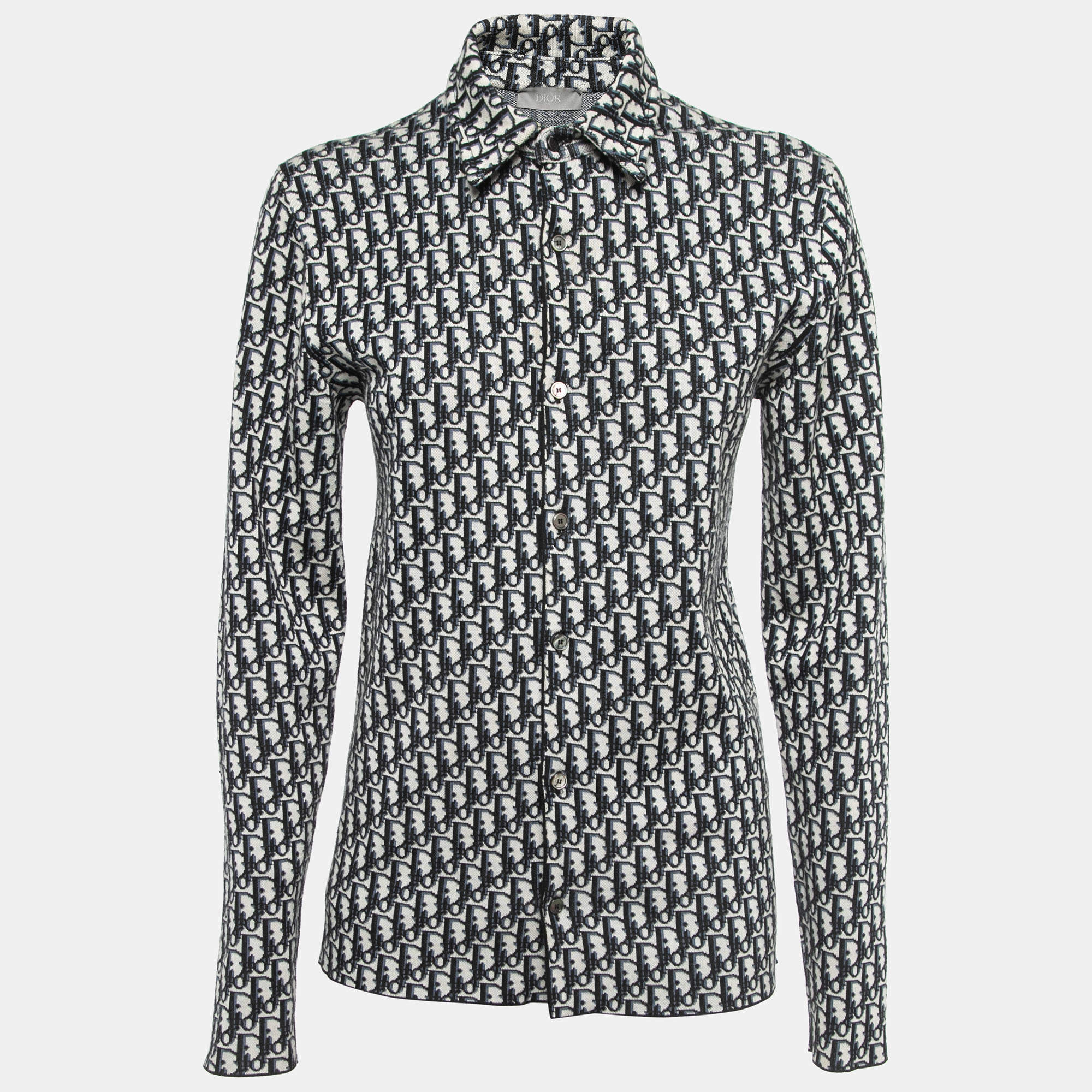 Pre Owned Dior Navy Blue Oblique Cotton Jacquard Button Front Full Sleeve Shirt XXS