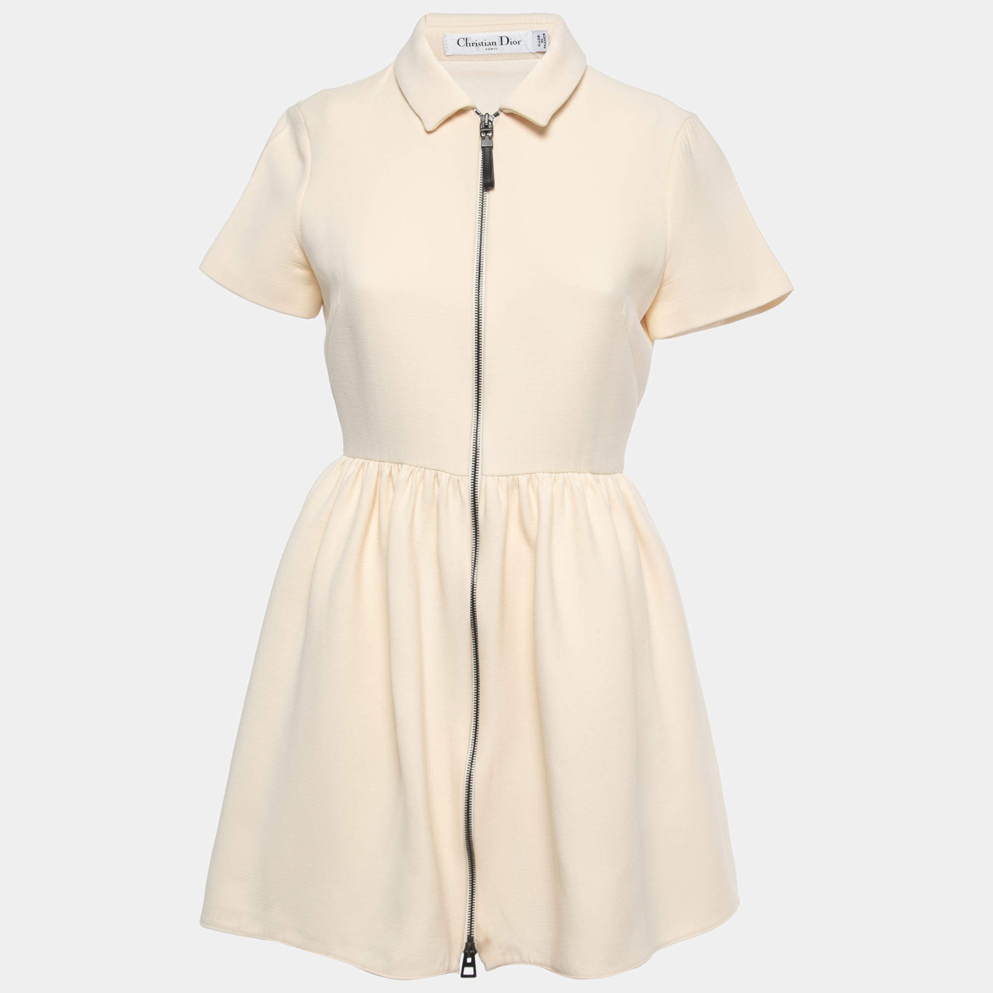 Pre Owned Dior Cream Wool Blend Zip Front Short Shirt Dress M