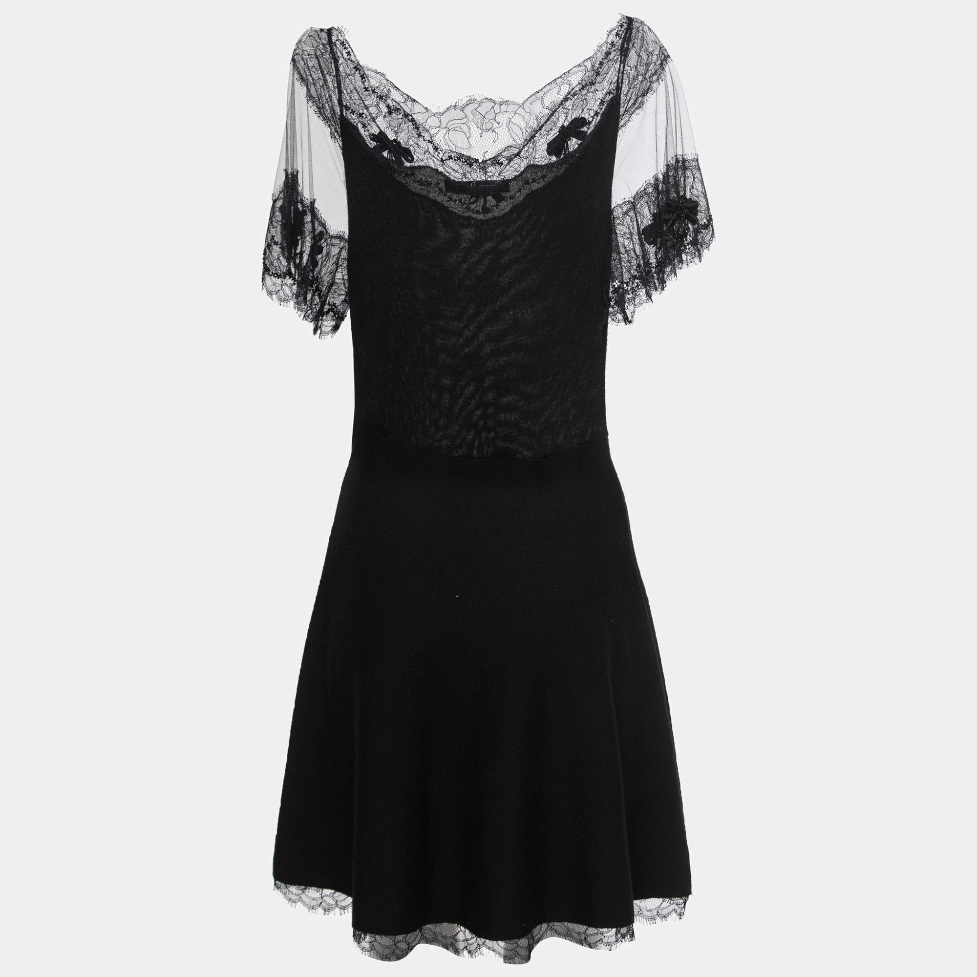 Pre Owned Christian Dior Black Knit Lace Paneled Mini Dress M