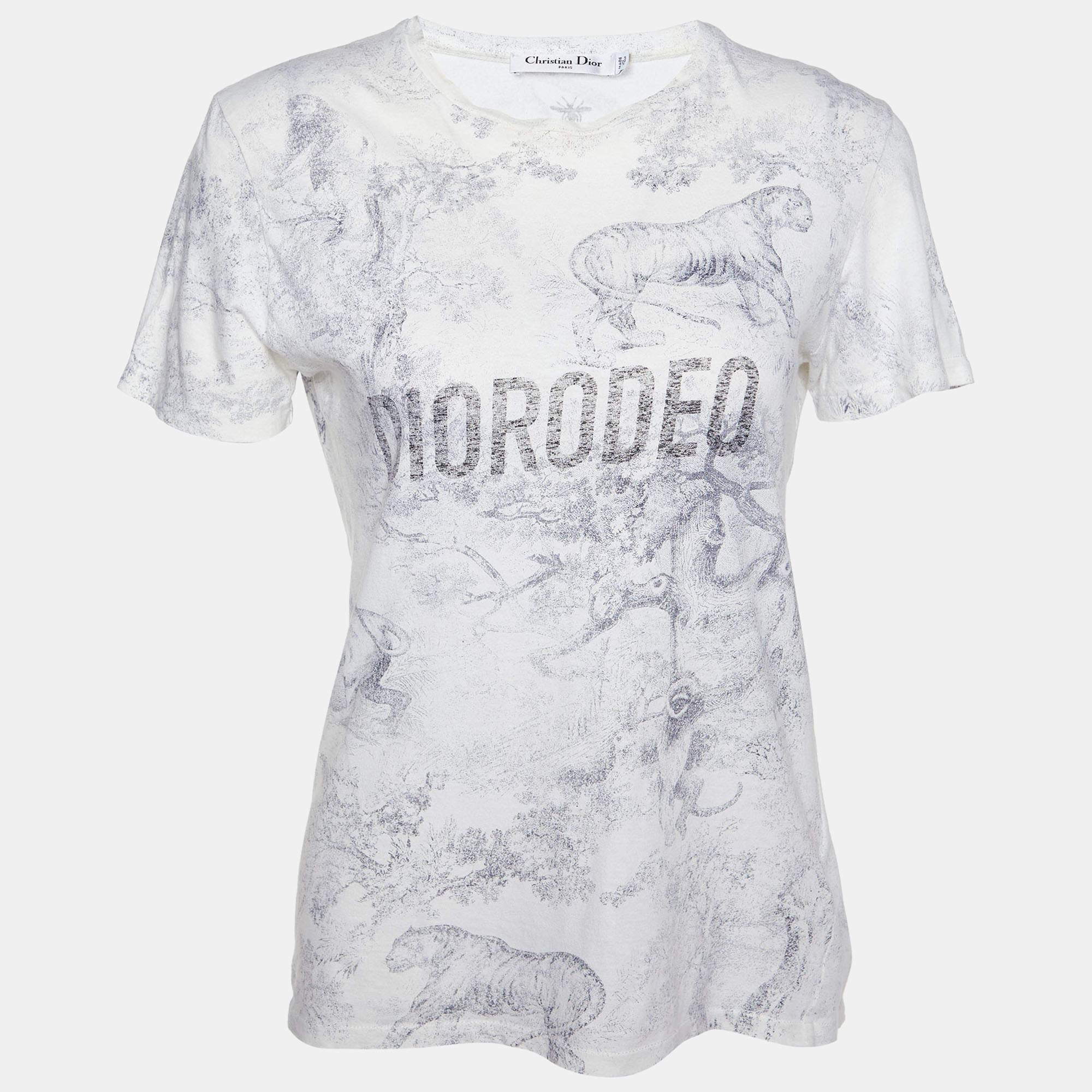 Pre Owned Dior Off White Diorodeo Jungle Print Cotton Linen T-Shirt XS