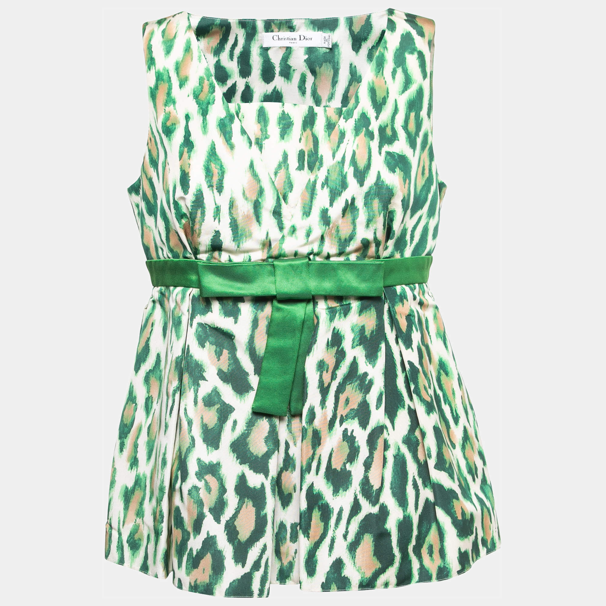 Christian Dior Green Animal Print Silk Bow Detail Top M