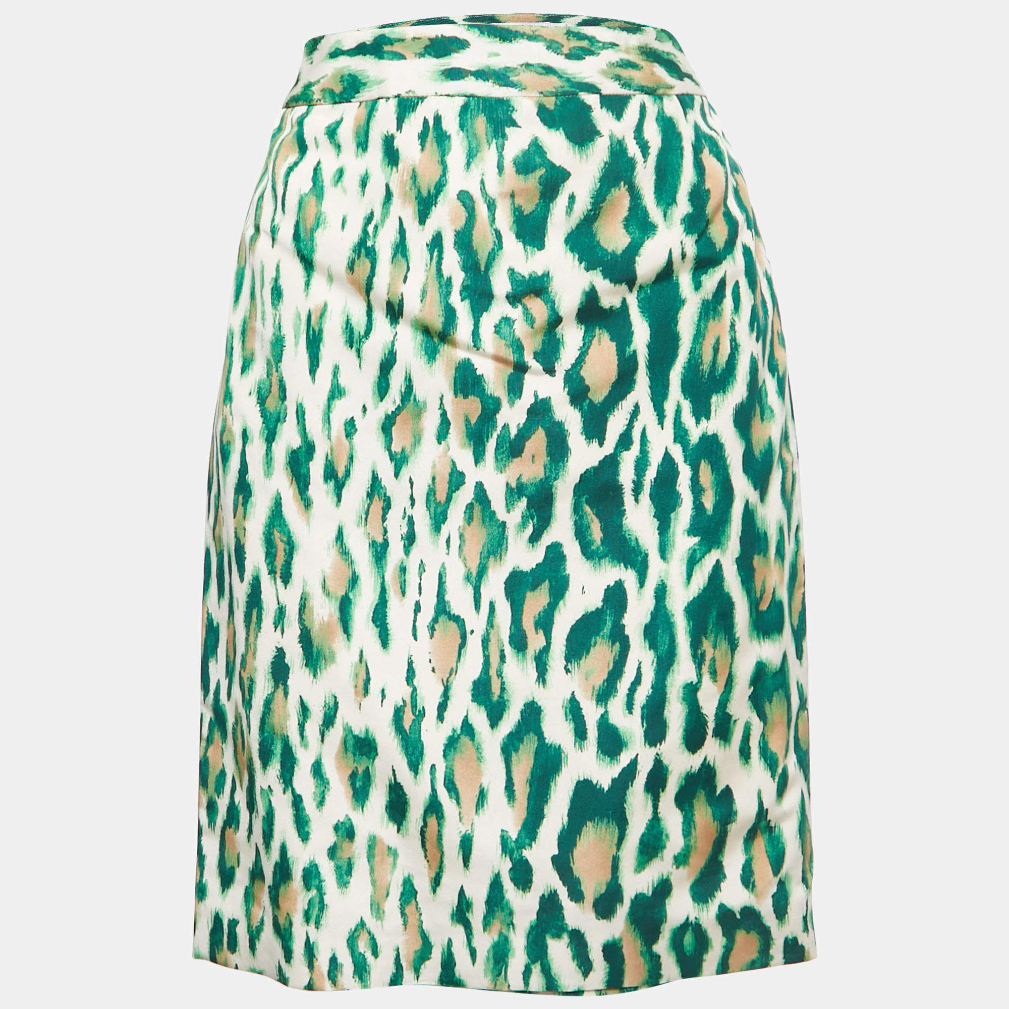 Pre Owned Christian Dior Green Animal Print Silk Pencil Skirt S
