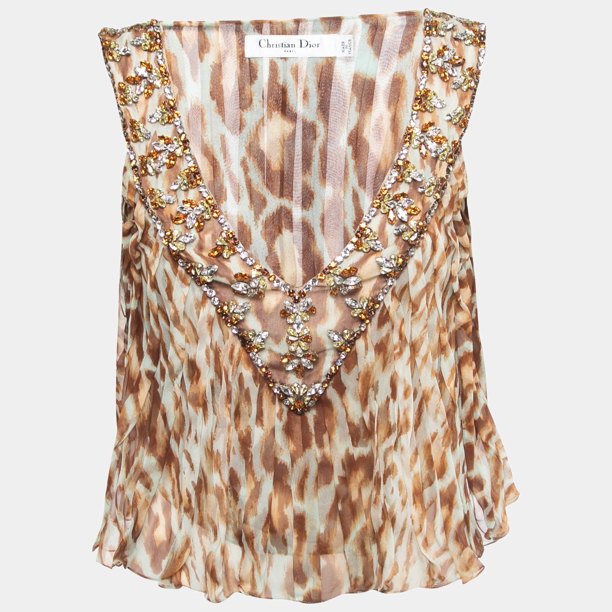 Pre Owned Christian Dior Brown Animal Printed Chiffon Embellished Top M