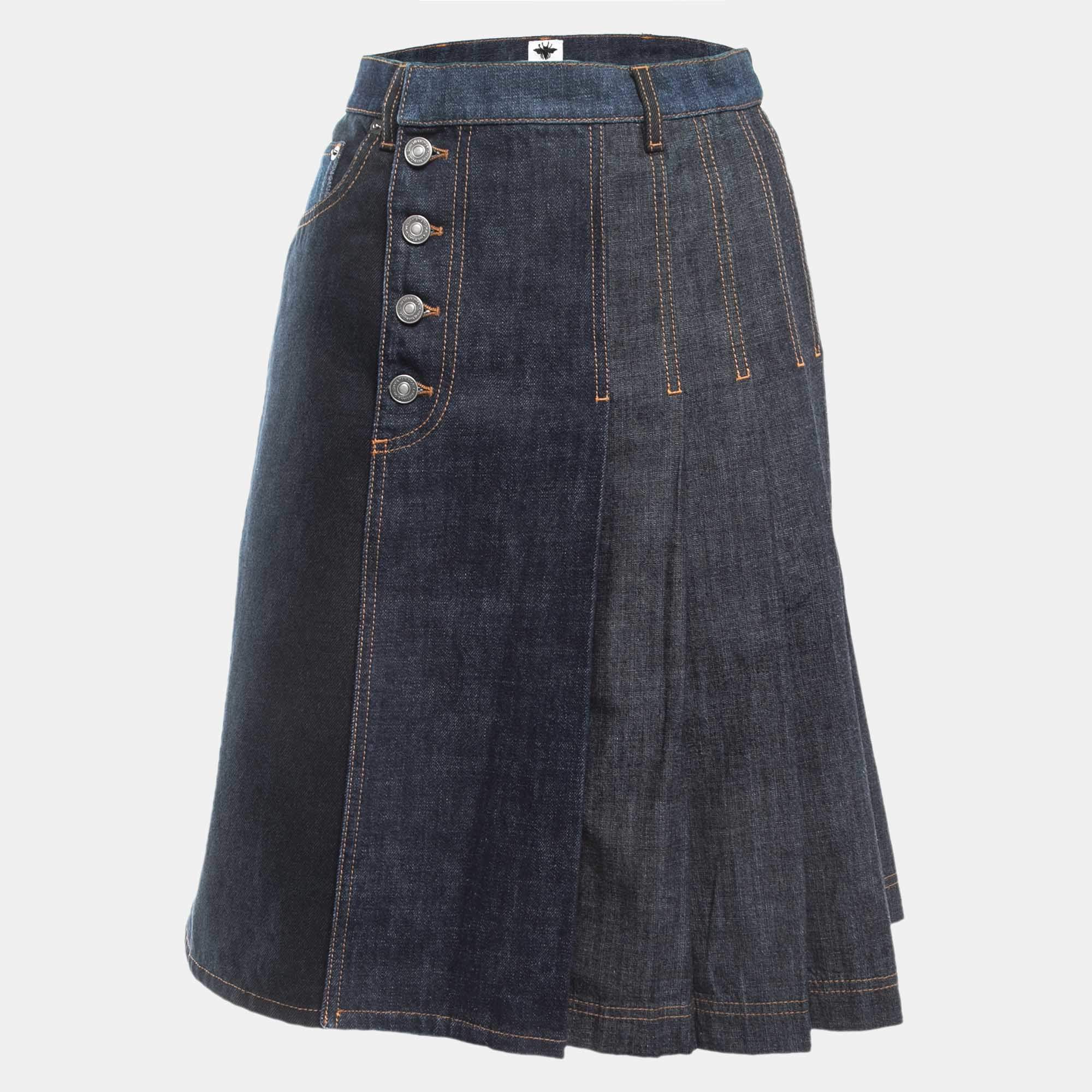 Pre Owned Dior Navy Dark Blue Denim Pleated Knee Length Skirt M