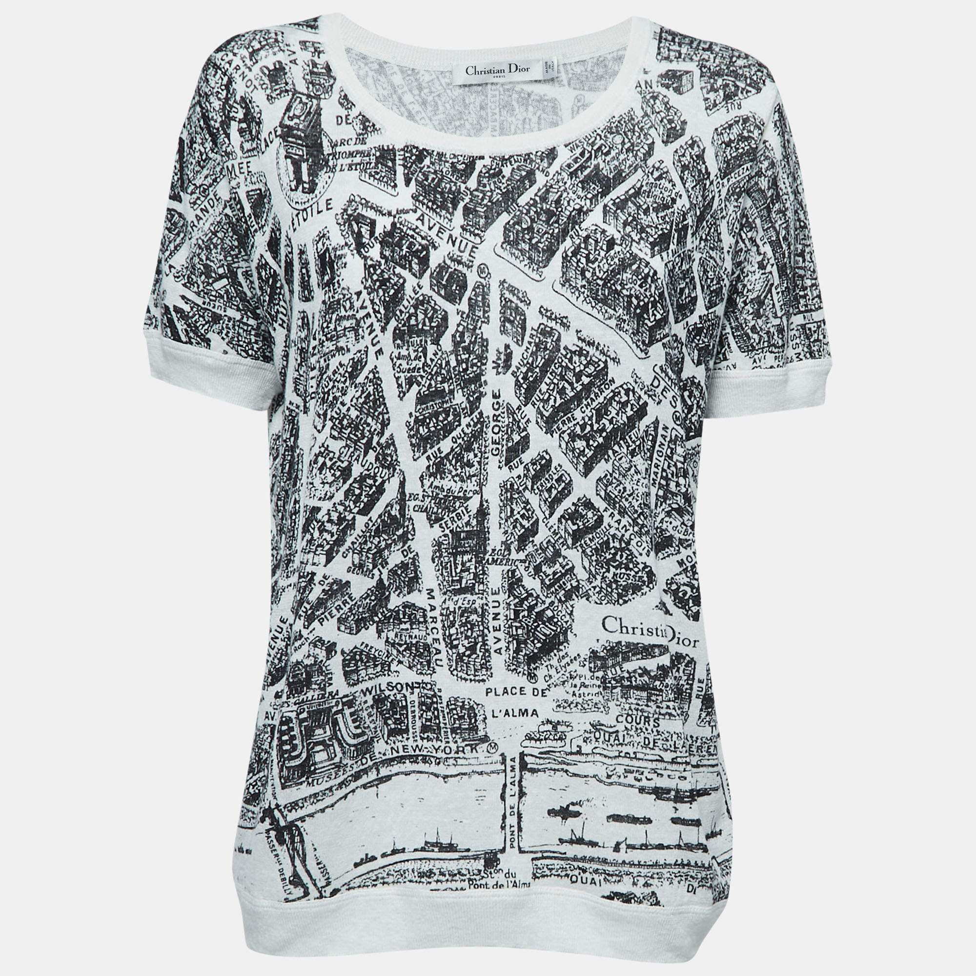 Pre Owned Dior White Printed Linen Blend Scoop Neck Half Sleeve T-Shirt XL