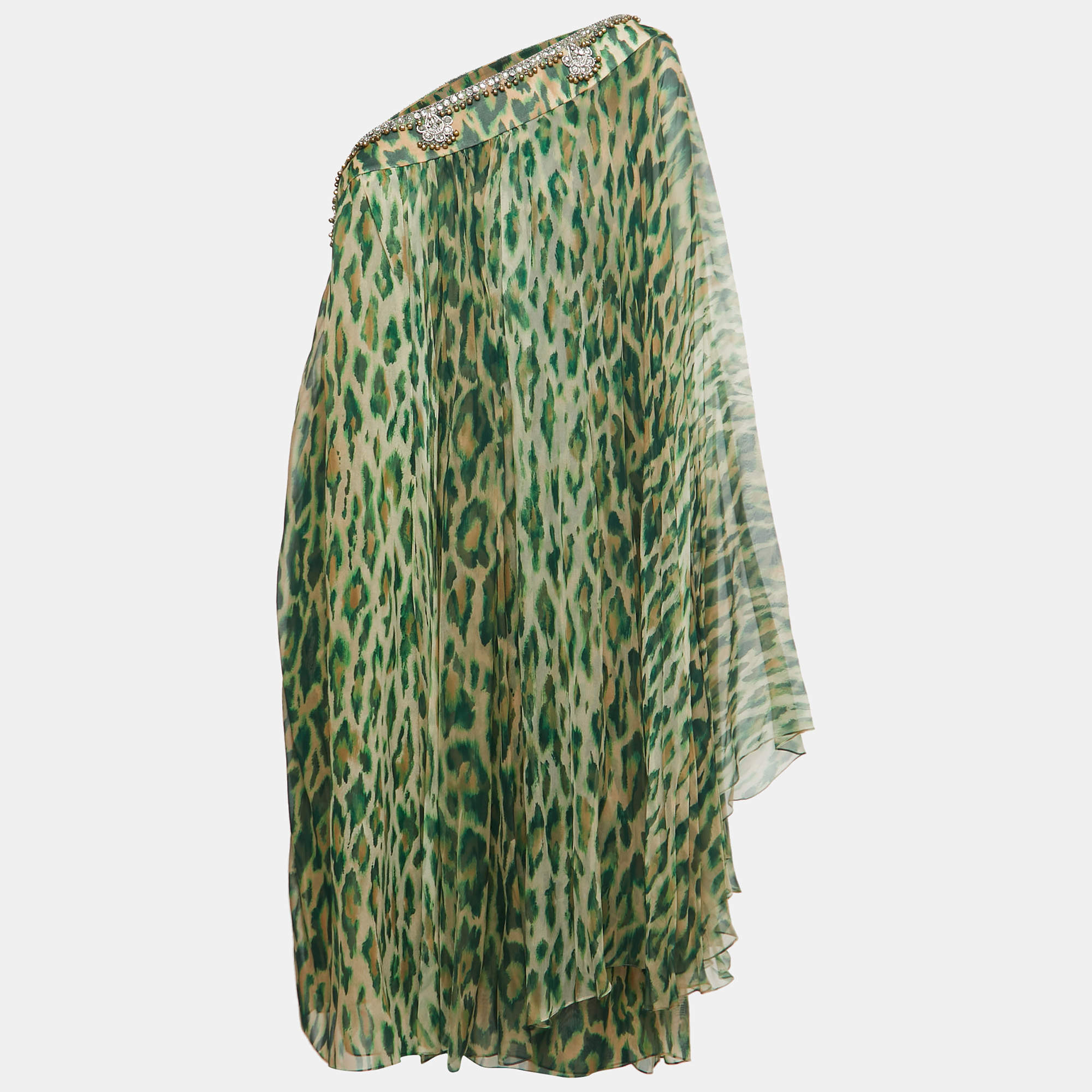 Pre Owned Dior Green Leopard Print Embellished Silk One Shoulder Short Dress XL