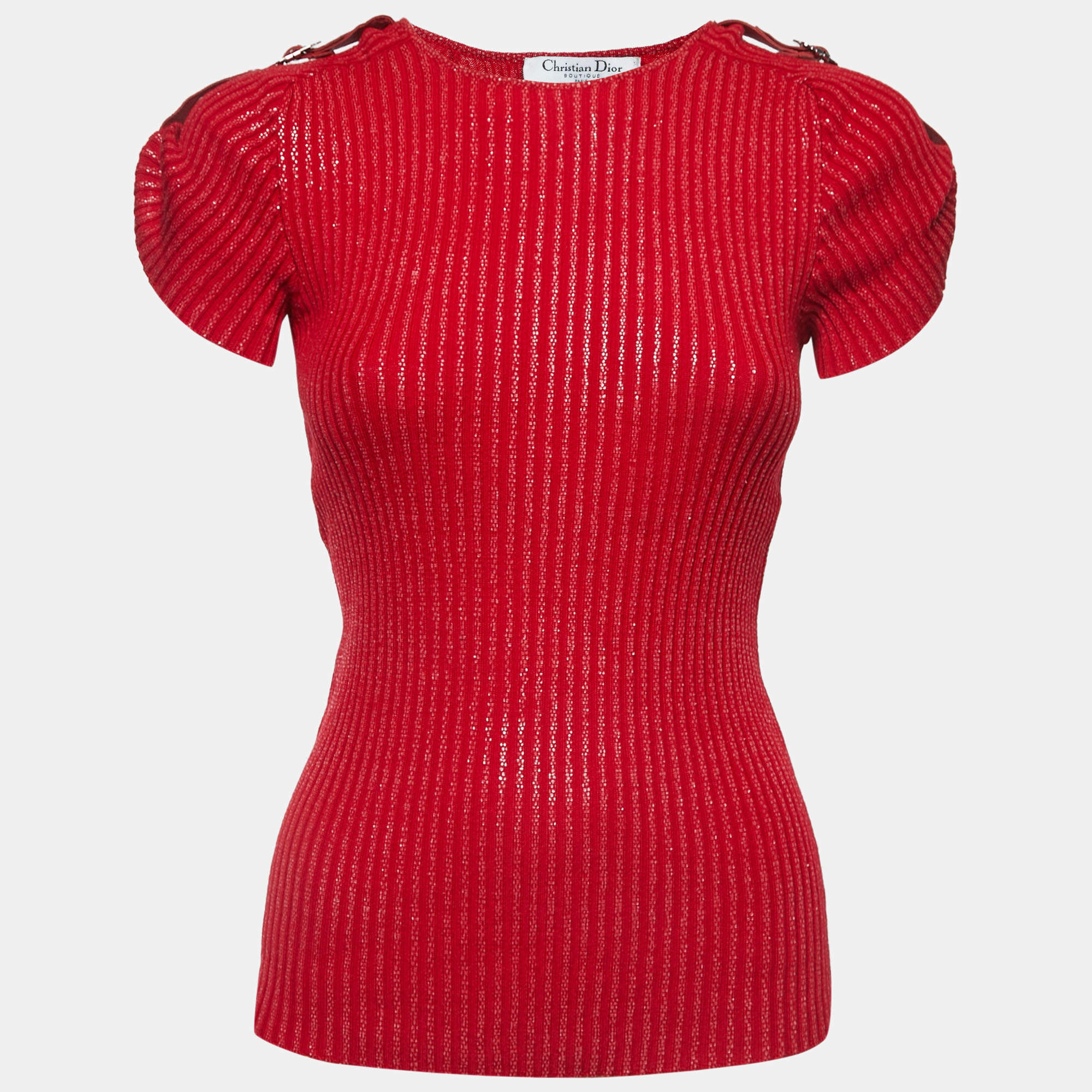 Pre Owned Christian Dior Boutique Red Ribbed Knit Belt Detail Top S