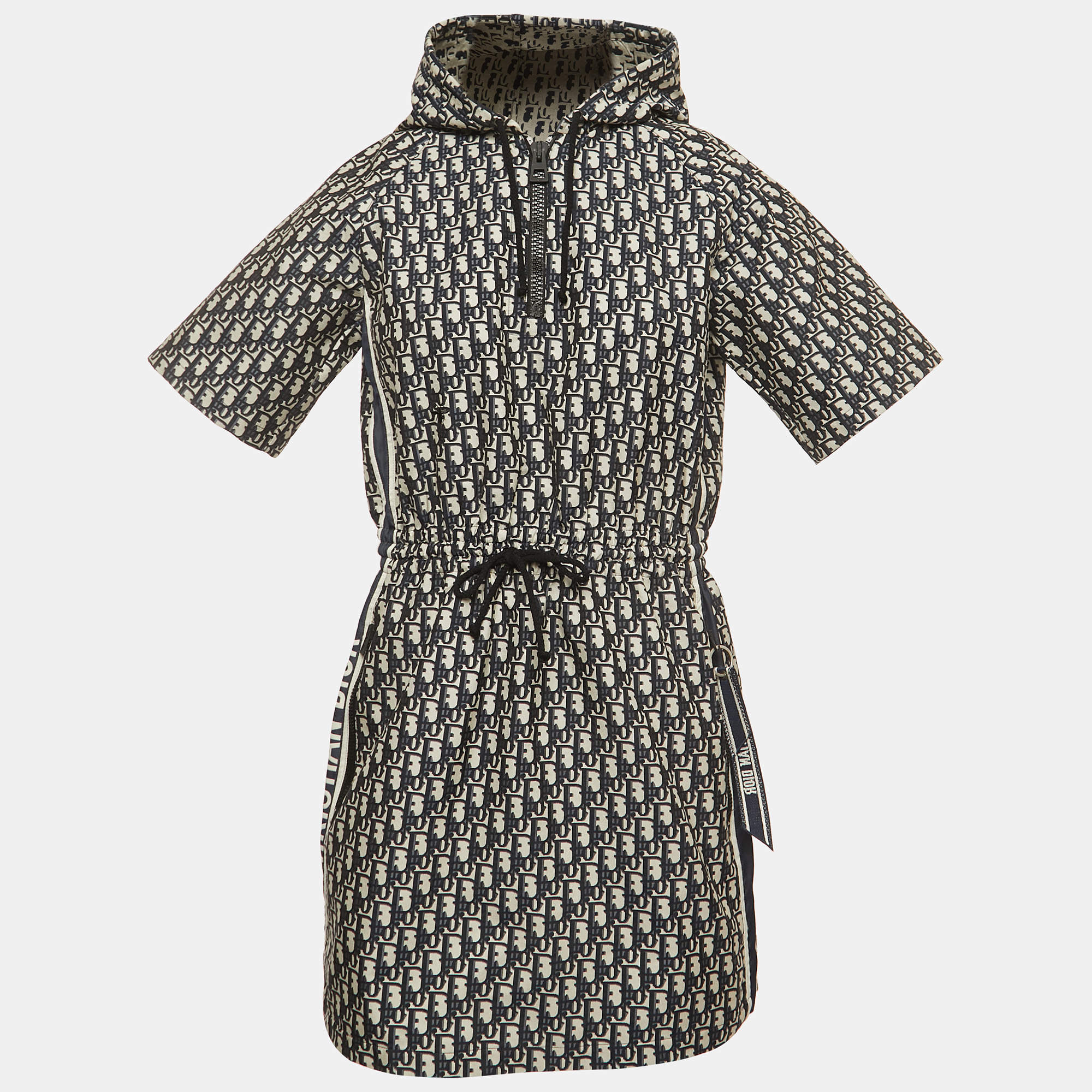 Pre Owned Dior Navy Blue Oblique Jacquard Hooded Mini Dress M