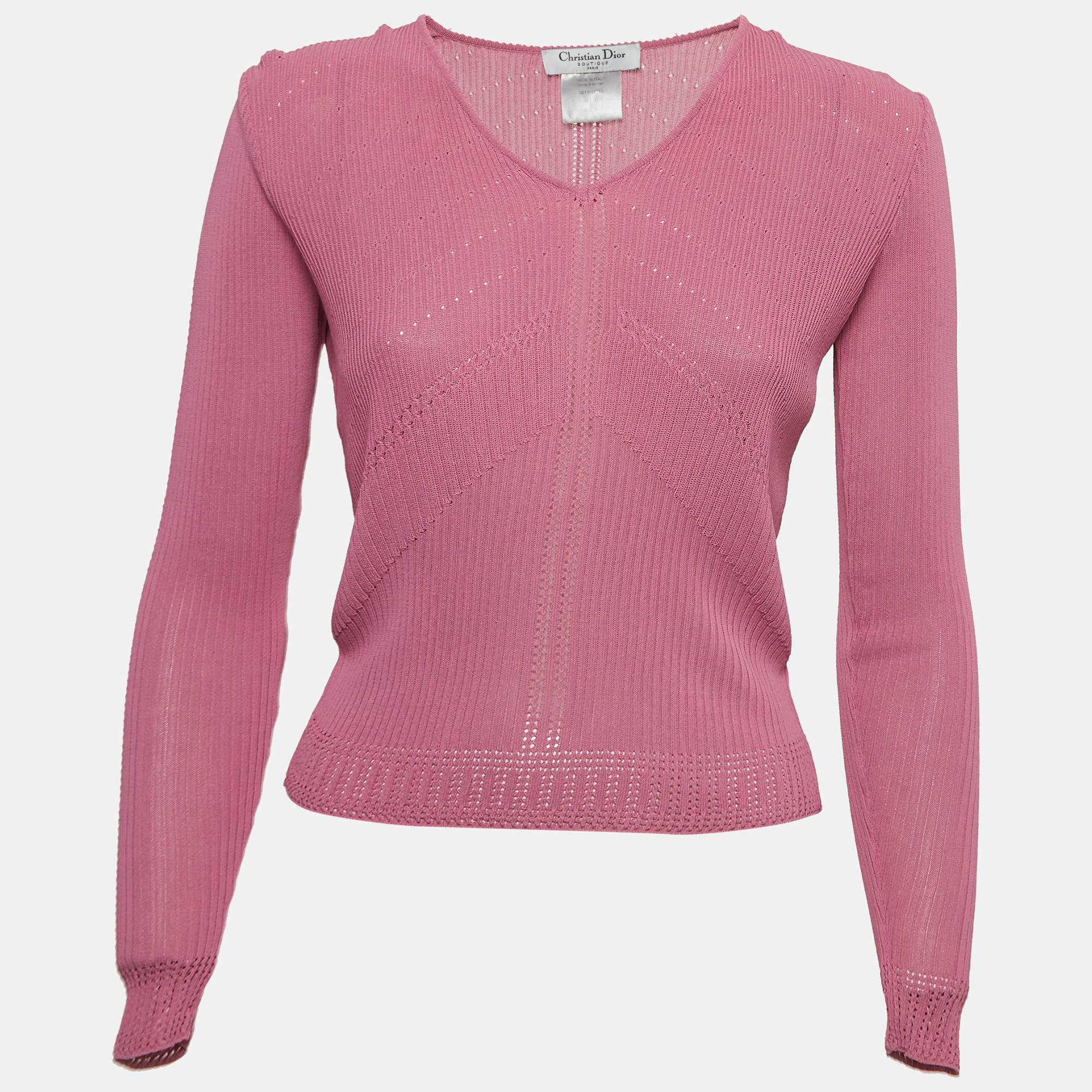 Dior Vintage Pink Perforated Knit Long Sleeve Top S