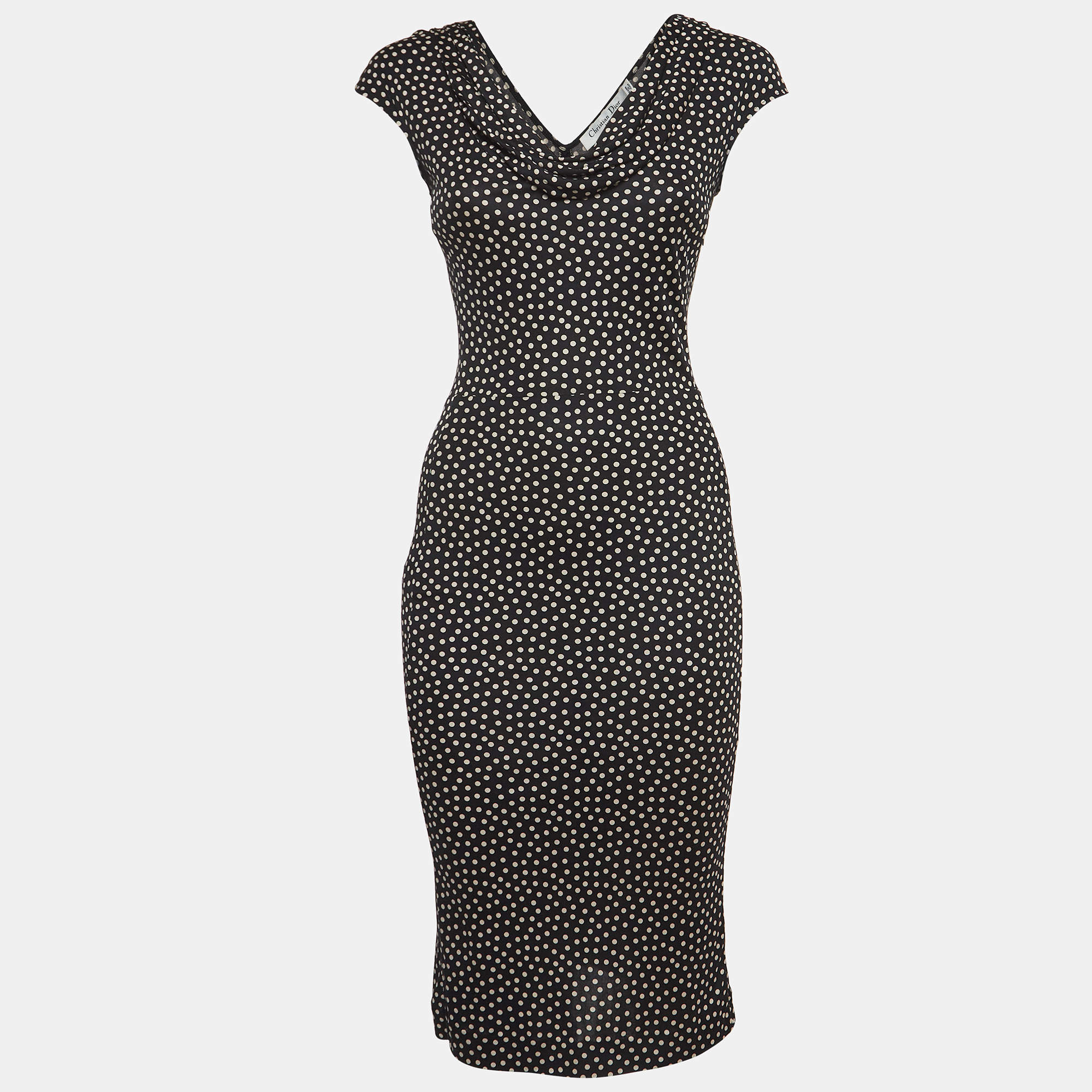Pre Owned Dior Black Dotted Silk Knit Sleeveless Cowl Neck Midi Dress S