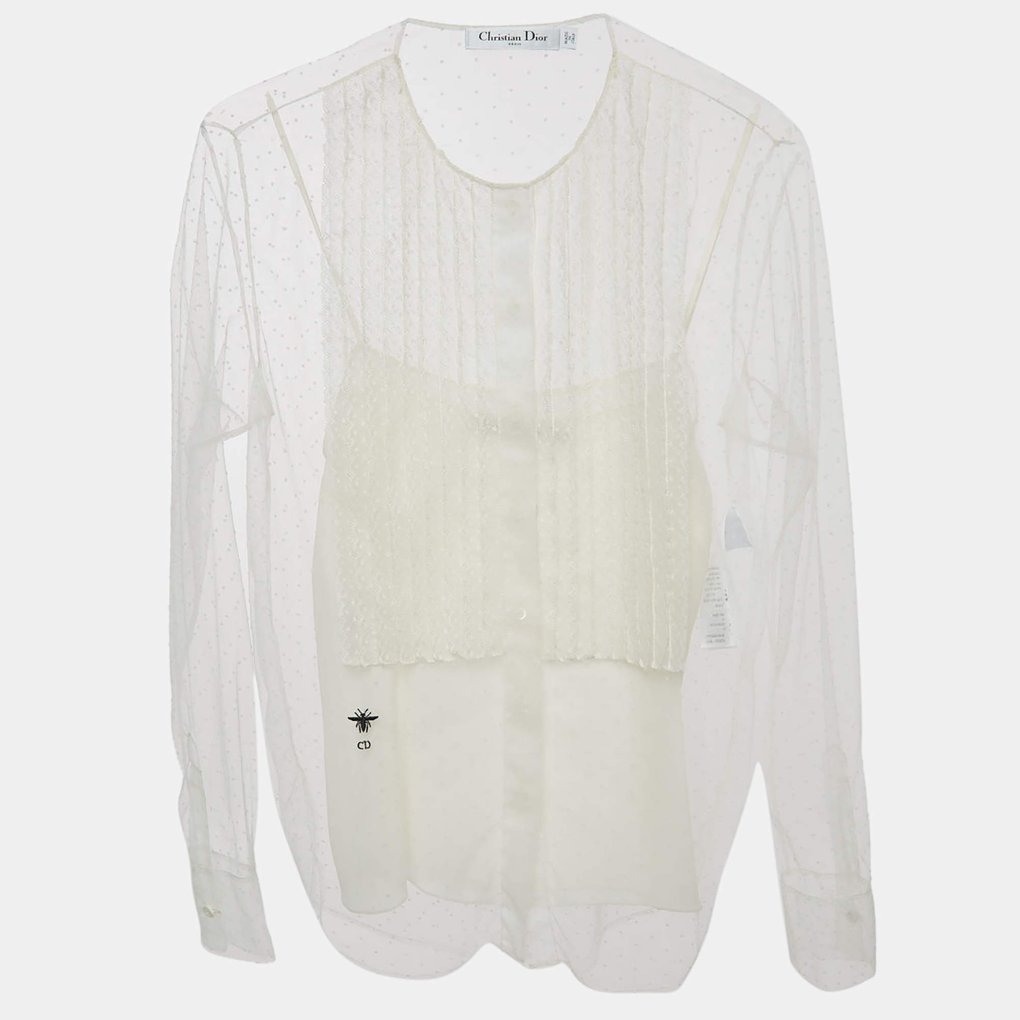 Pre Owned Christian Dior White Dotted Tulle Blouse S