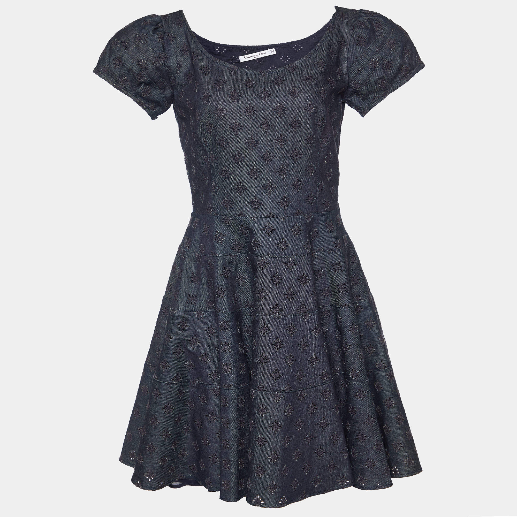 Pre Owned Dior Dark Blue Embroidered Denim Flared Dress L