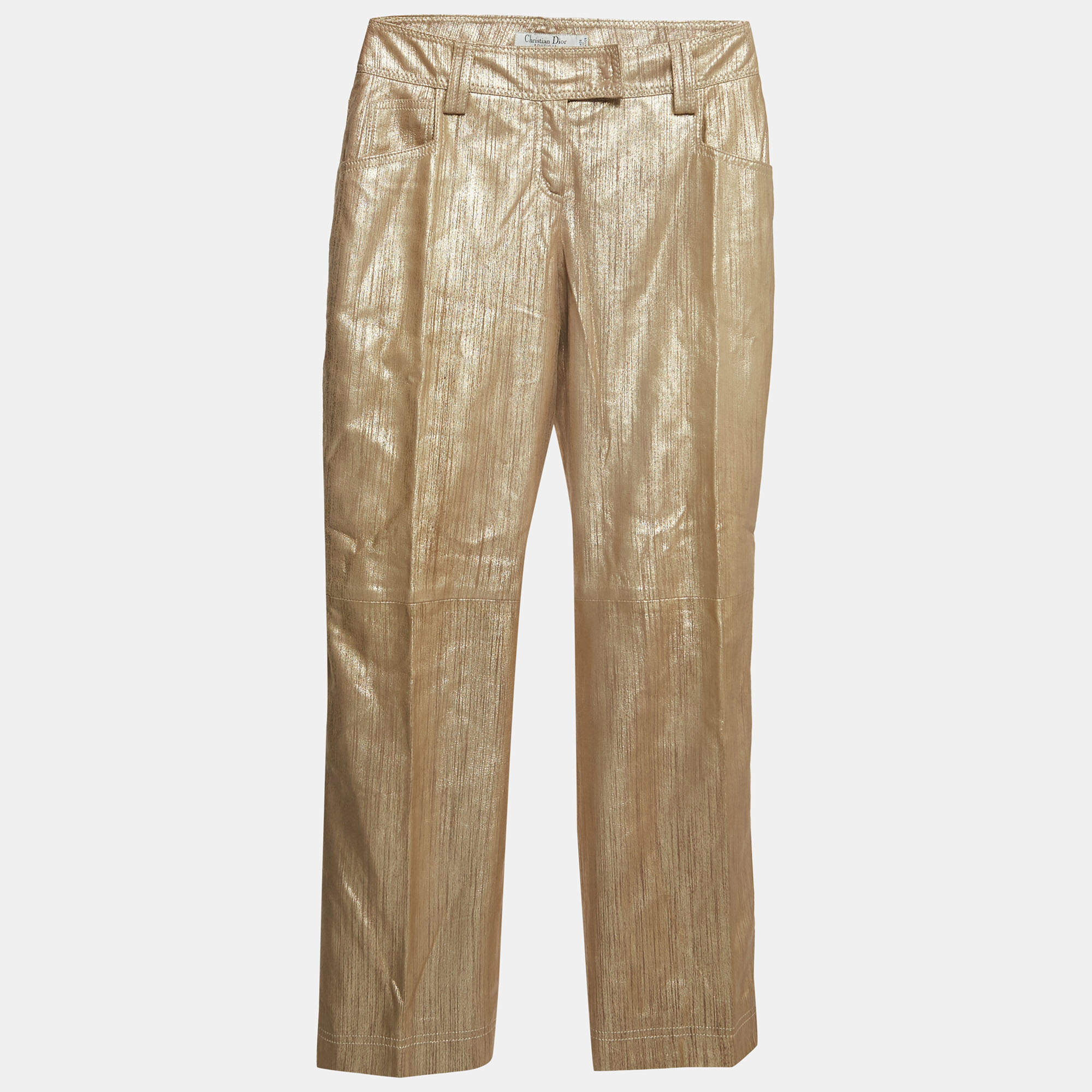 Pre Owned Christian Dior Boutique Gold Printed Leather Straight Pants M 