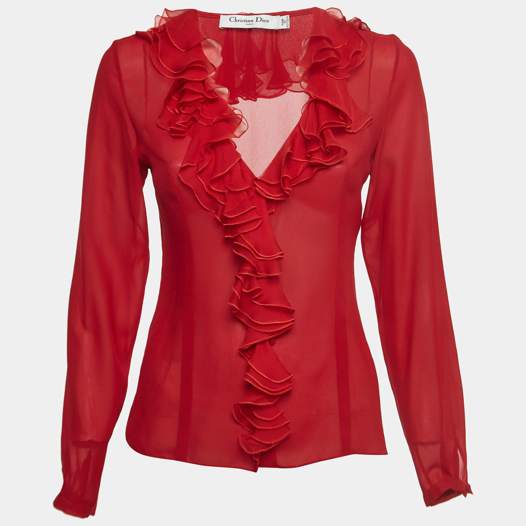 Pre Owned Dior Red Silk Ruffled Semi Sheer Shirt S