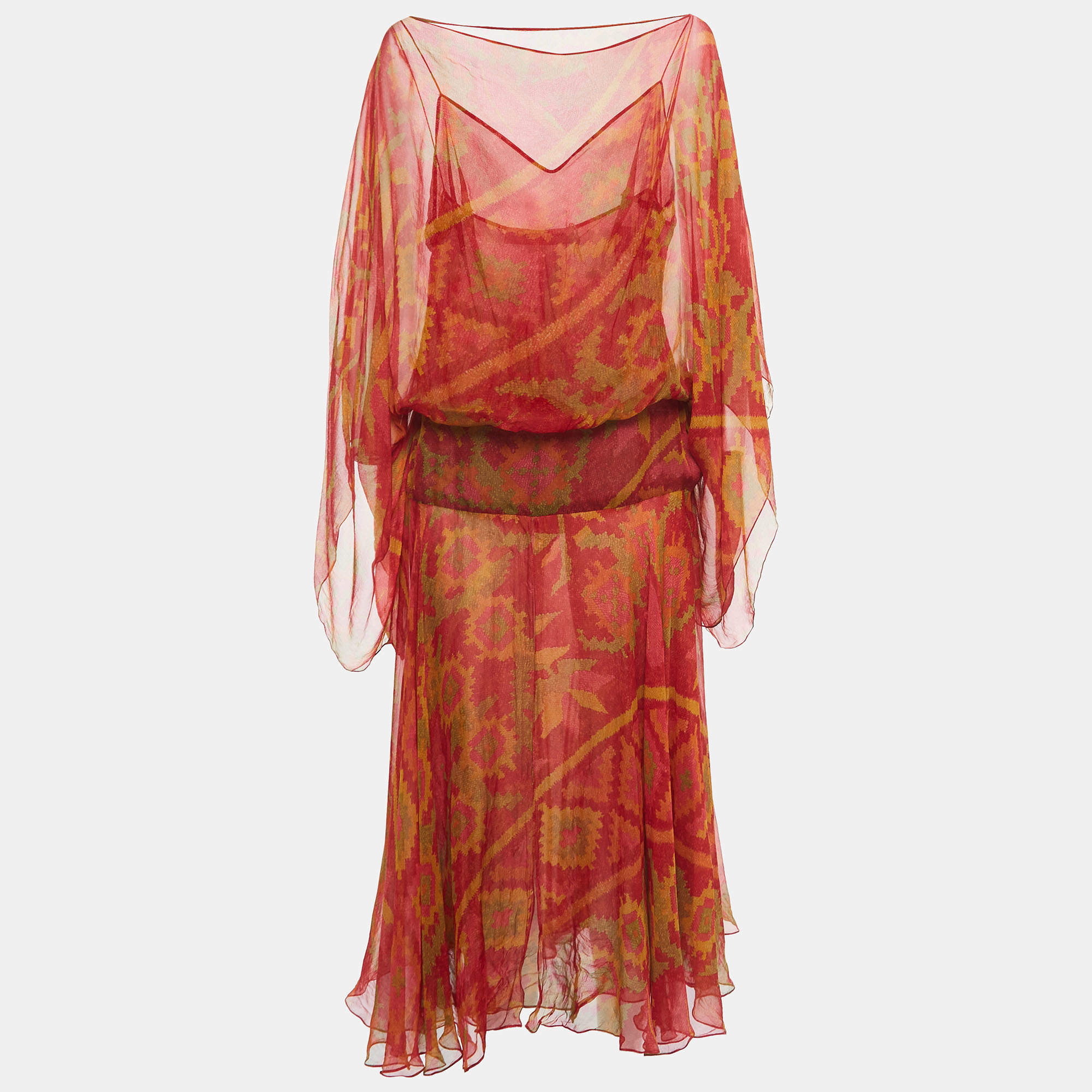 Pre Owned Christian Dior Boutique Red Printed Silk Kimono Sleeve Maxi Dress M
