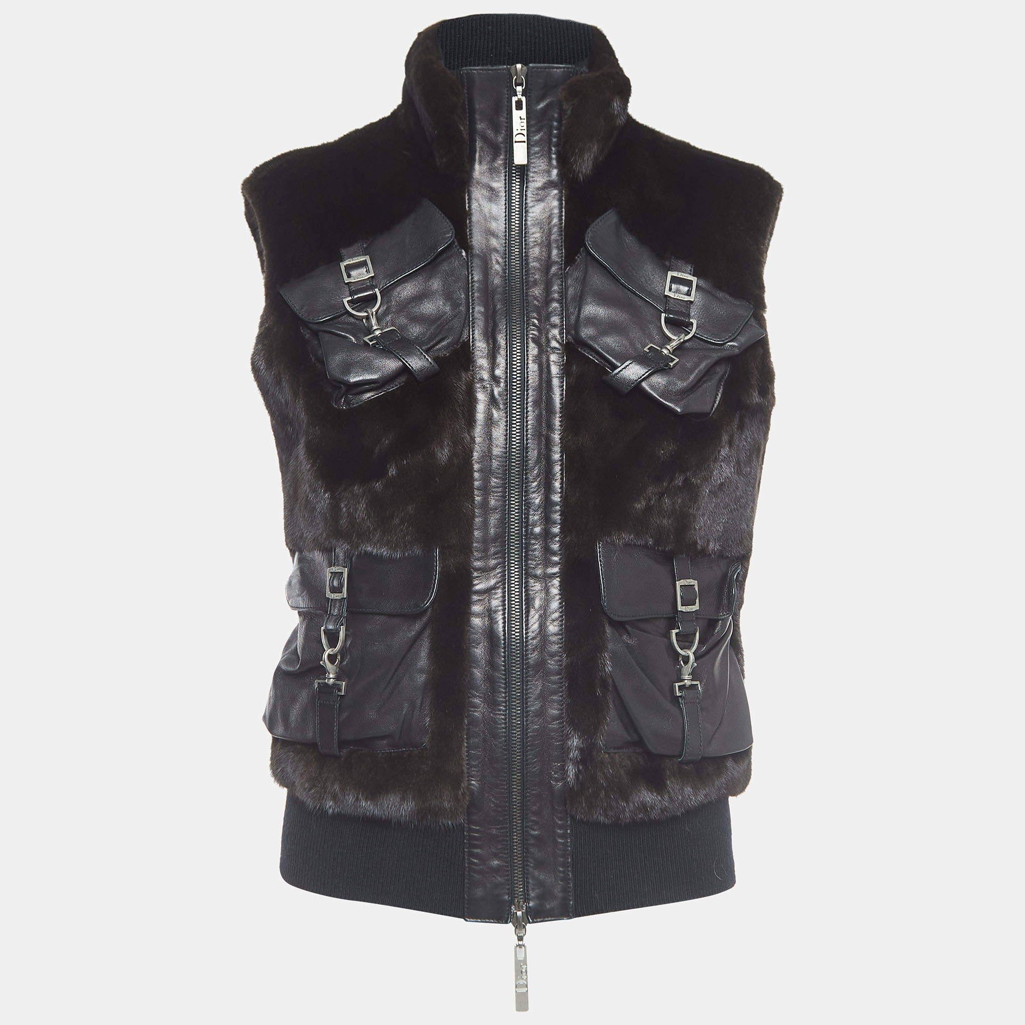 Pre Owned Christian Dior Boutique Black Fur and Leather Sleeveless Zipper Jacket M