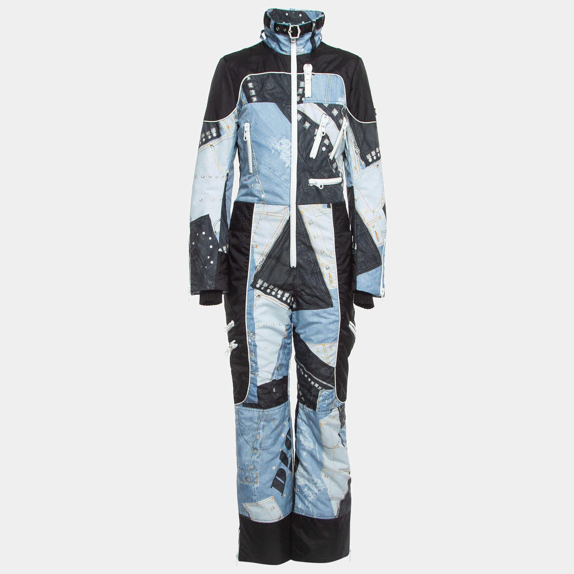 Pre Owned Christian Dior Boutique Blue/Black Denim and Leather Print Synthetic Ski Suit M