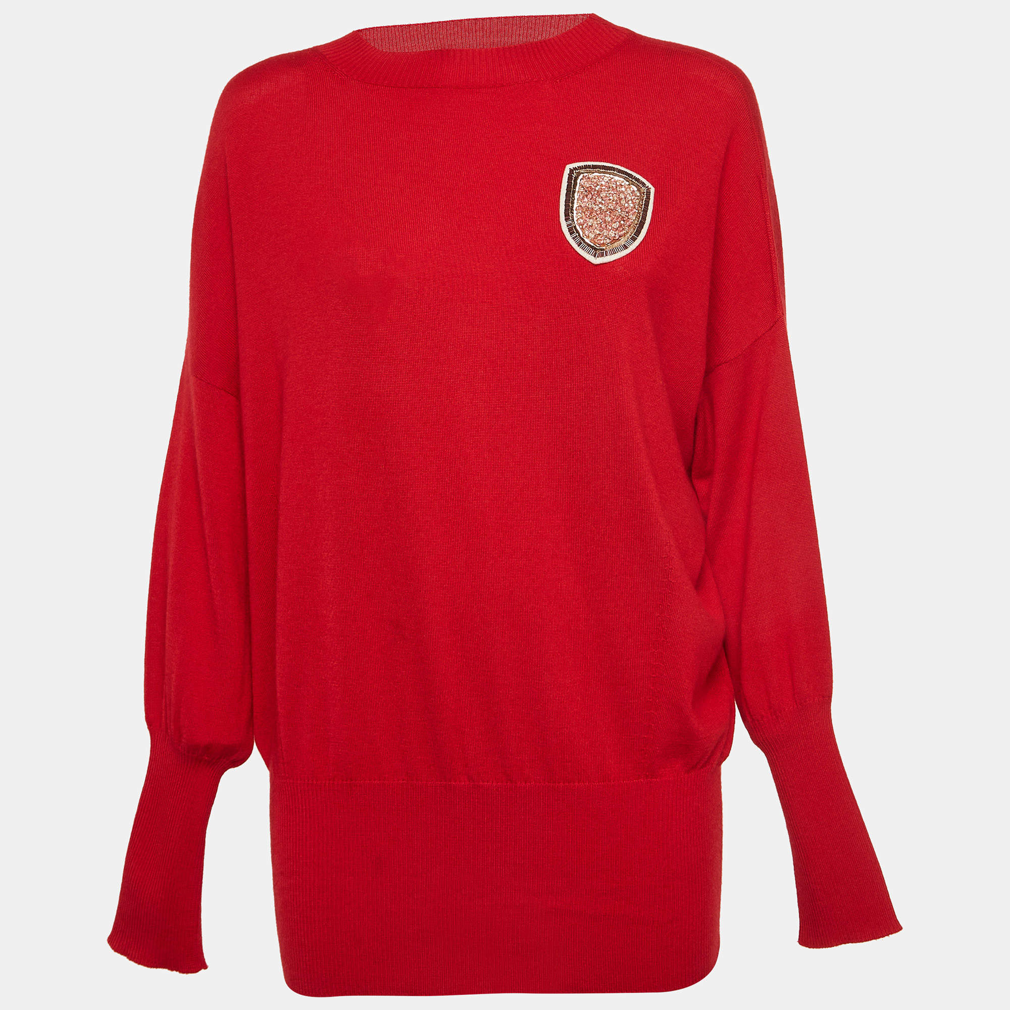 Dior Red Wool and Cashmere Crystal Applique Knit Crew Neck Jumper M ...