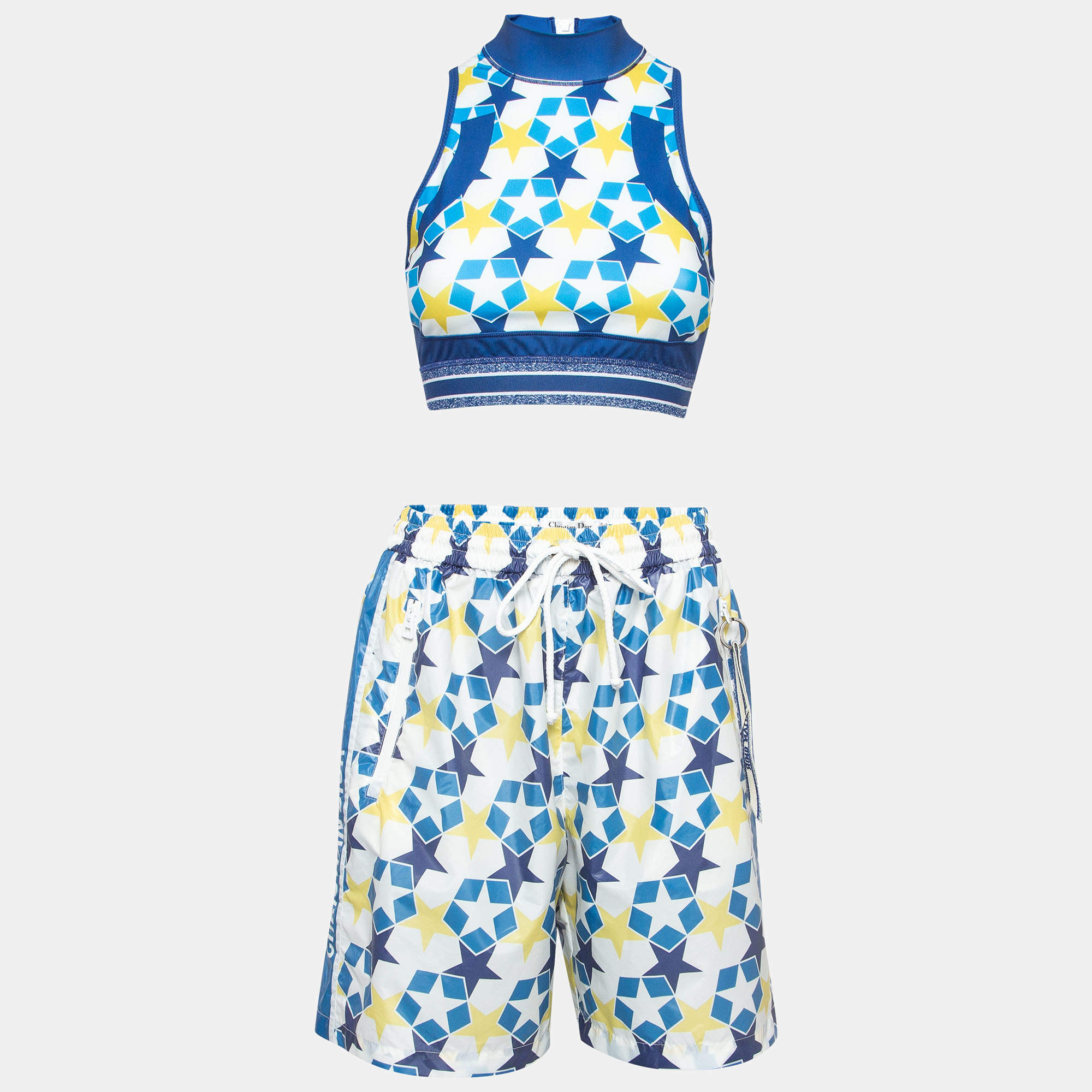 Pre Owned Dior Blue Stars Printed Jersey and Nylon Crop Top and Shorts Set M
