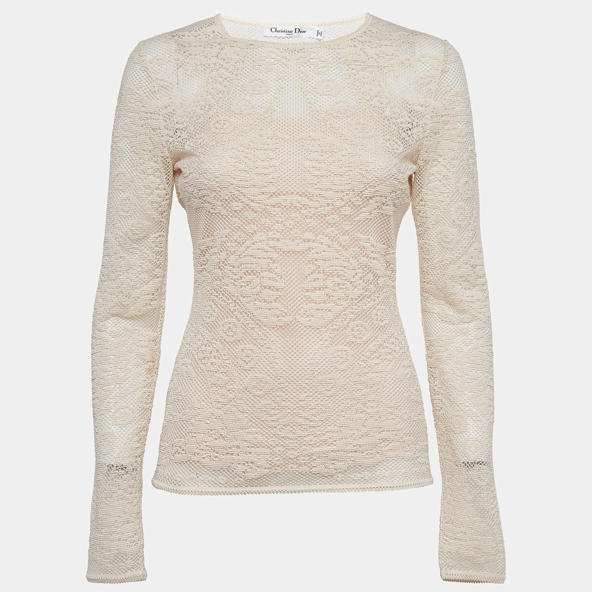 Pre Owned Christian Dior Beige Tulle and Crochet Emi Sheer Top M
