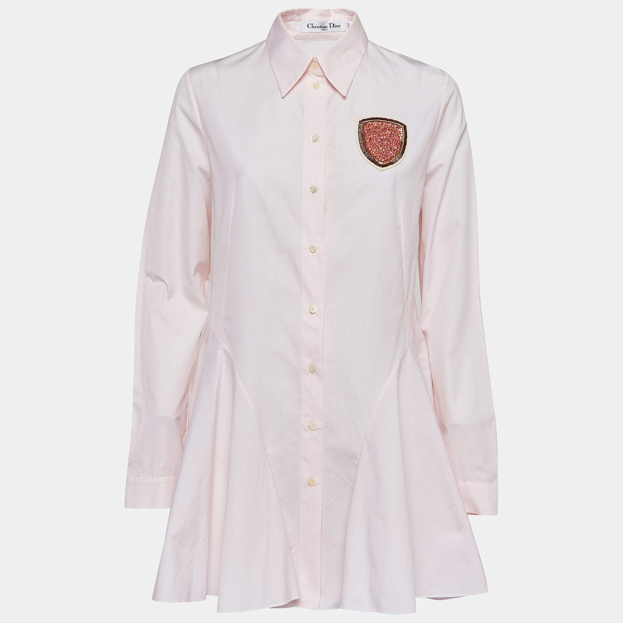 Pre Owned Christian Dior Pinstripe Cotton Beads Applique Flared Mini Shirt Dress L