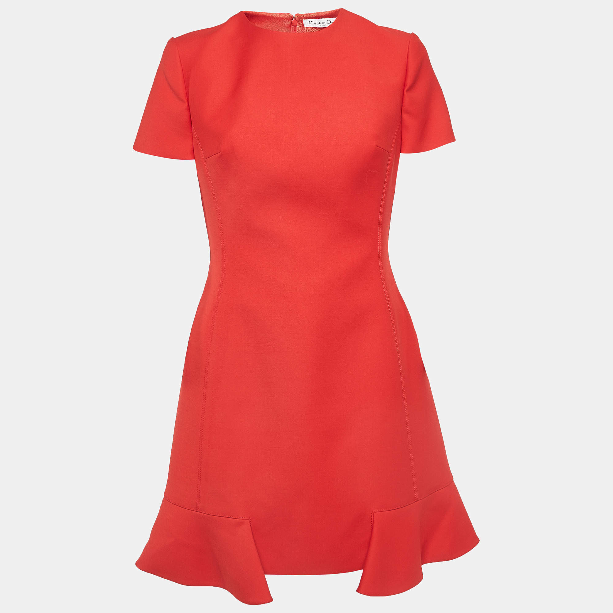 Pre Owned Christian Dior Red Gabardine Flounce Sheath Dress M