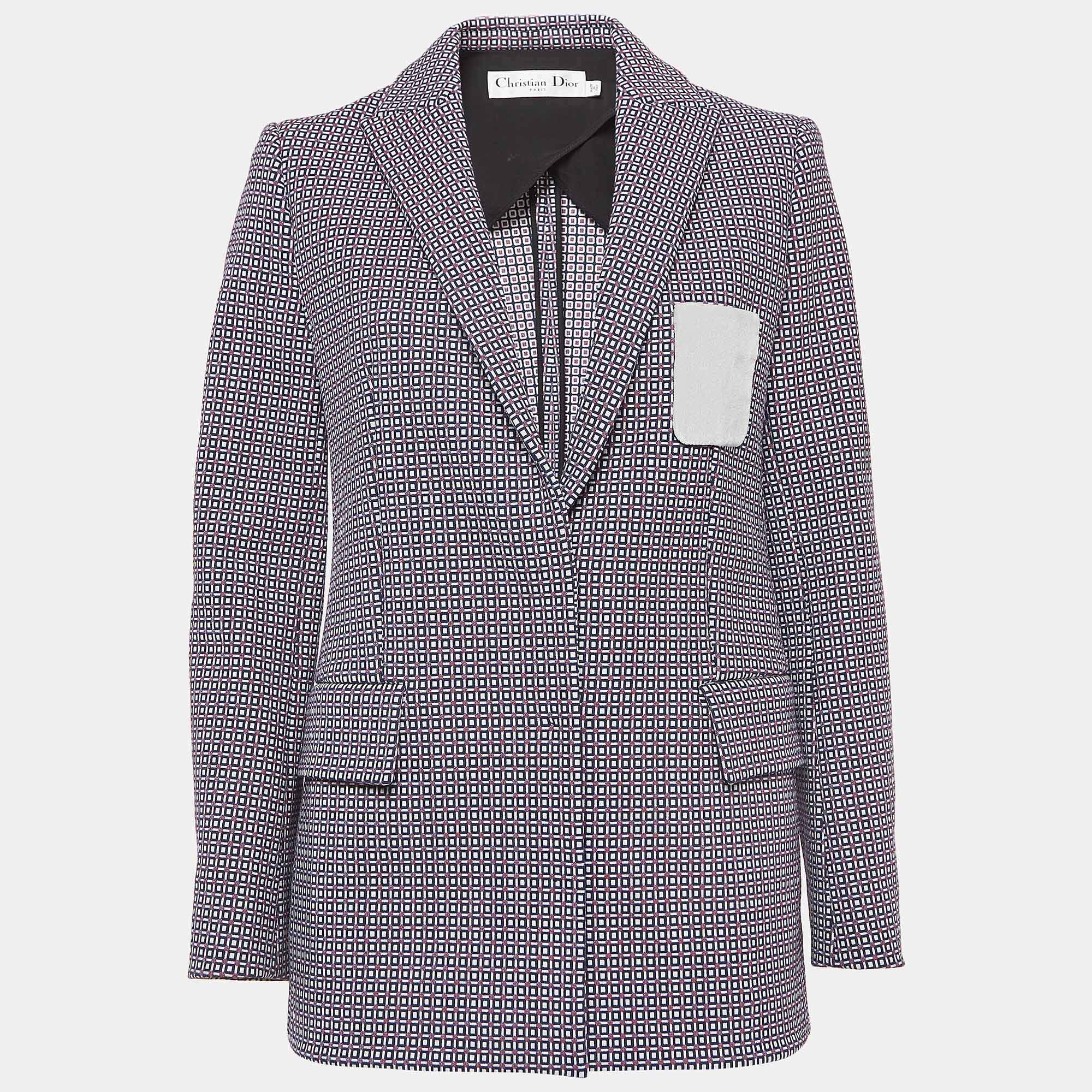 Pre Owned Christian Dior Blue Geometric Pattern Cotton Single Breasted Blazer M
