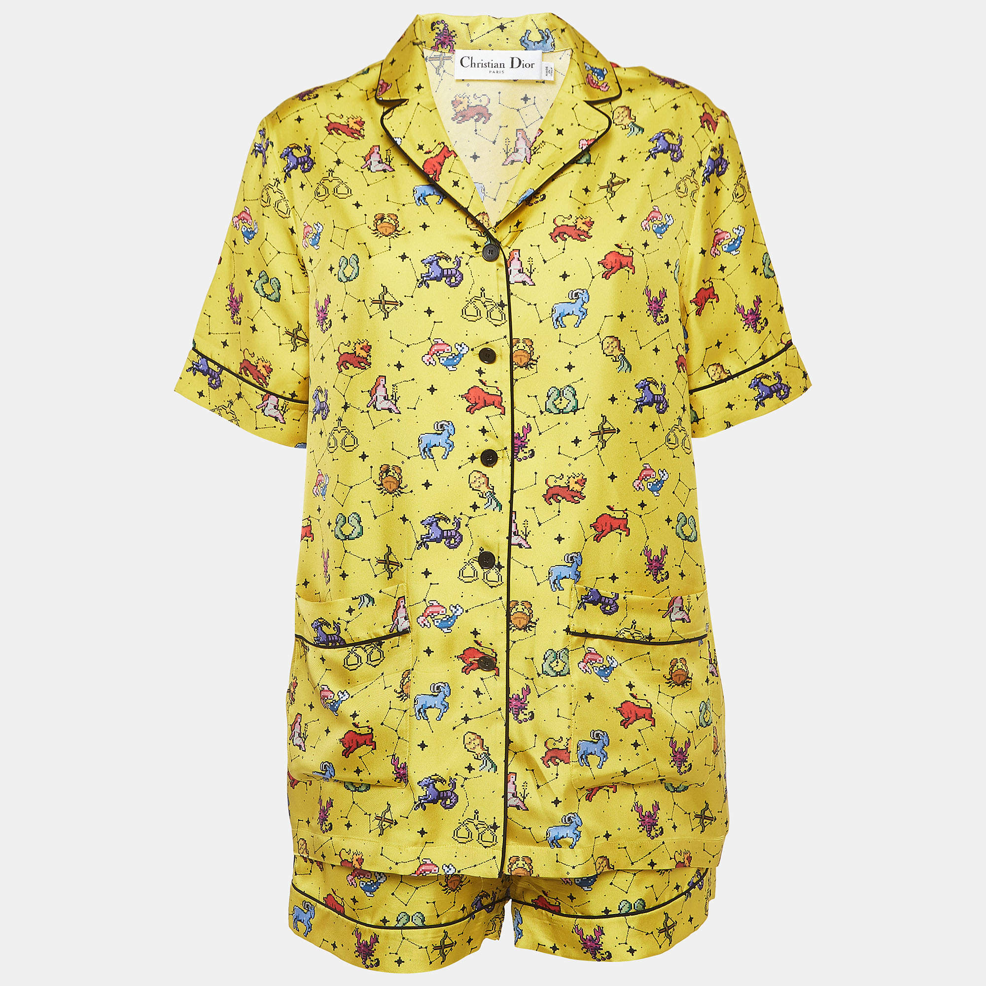 Pre Owned Dior Yellow Zodiac Print Silk Shirt and Shorts Set M/L