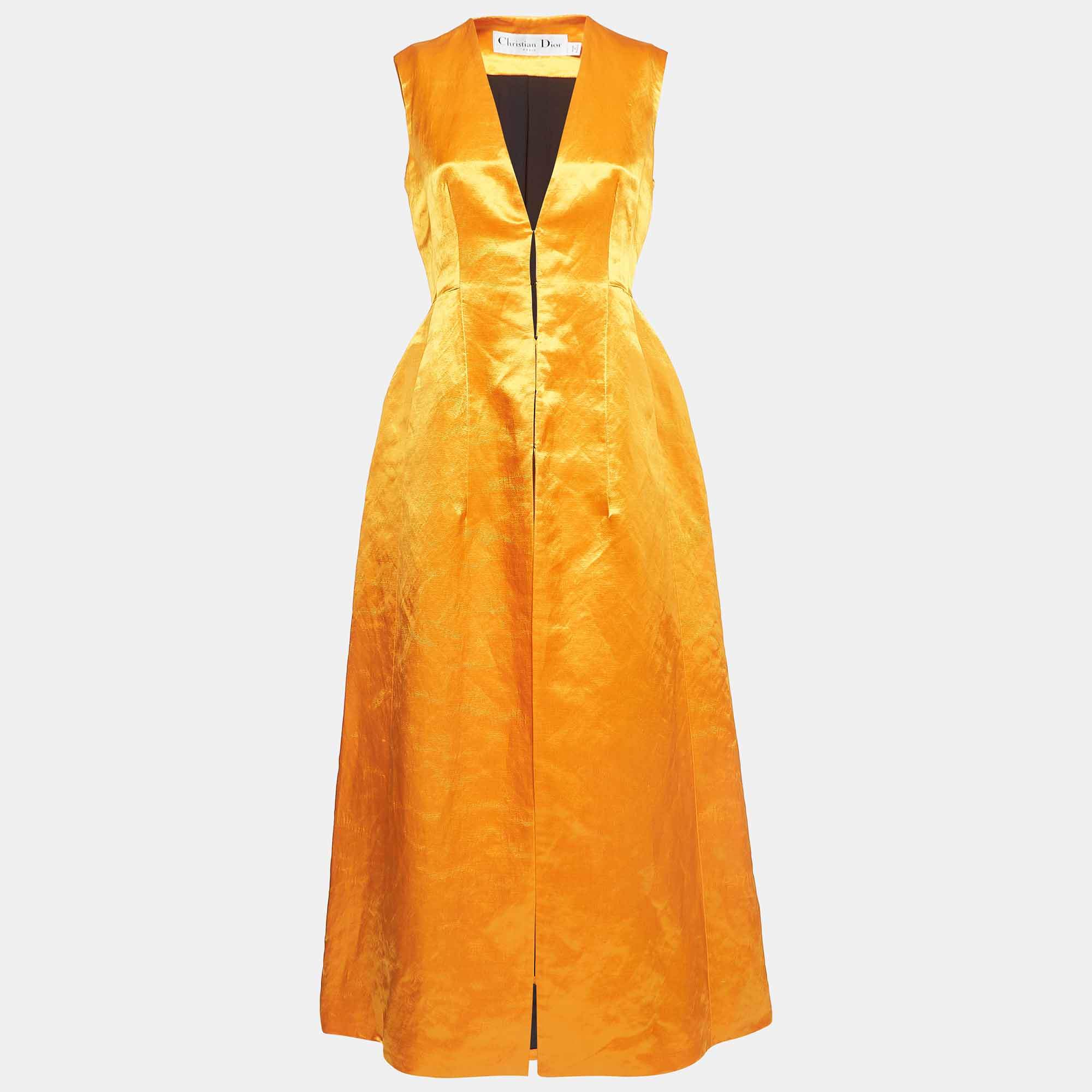 Dior Orange Satin High Slit Open Front Maxi Dress M