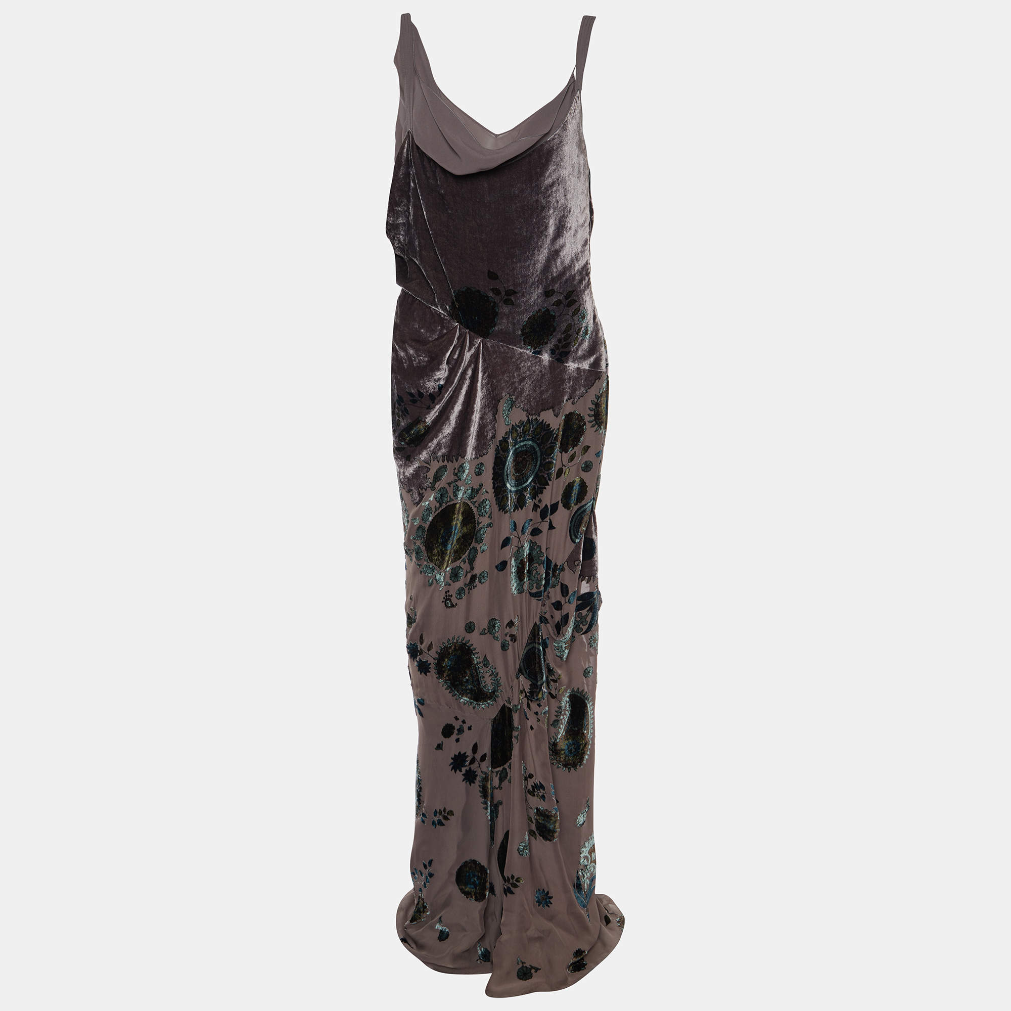 Pre Owned Dior Boutique Vintage Taupe Floral Devore Velvet Draped Dress L