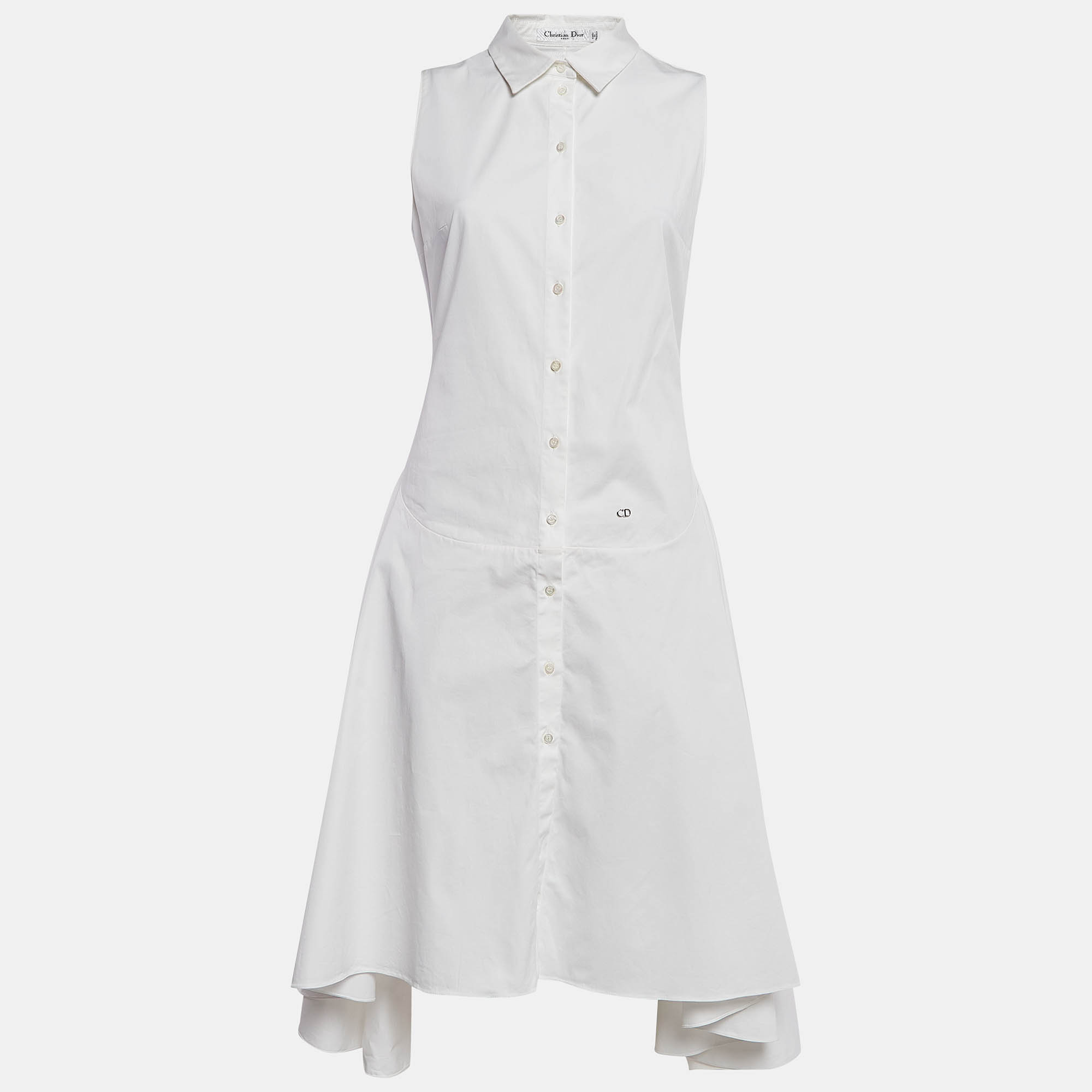 Pre Owned Christian Dior White Cotton Buttoned Front Flared Short Dress M