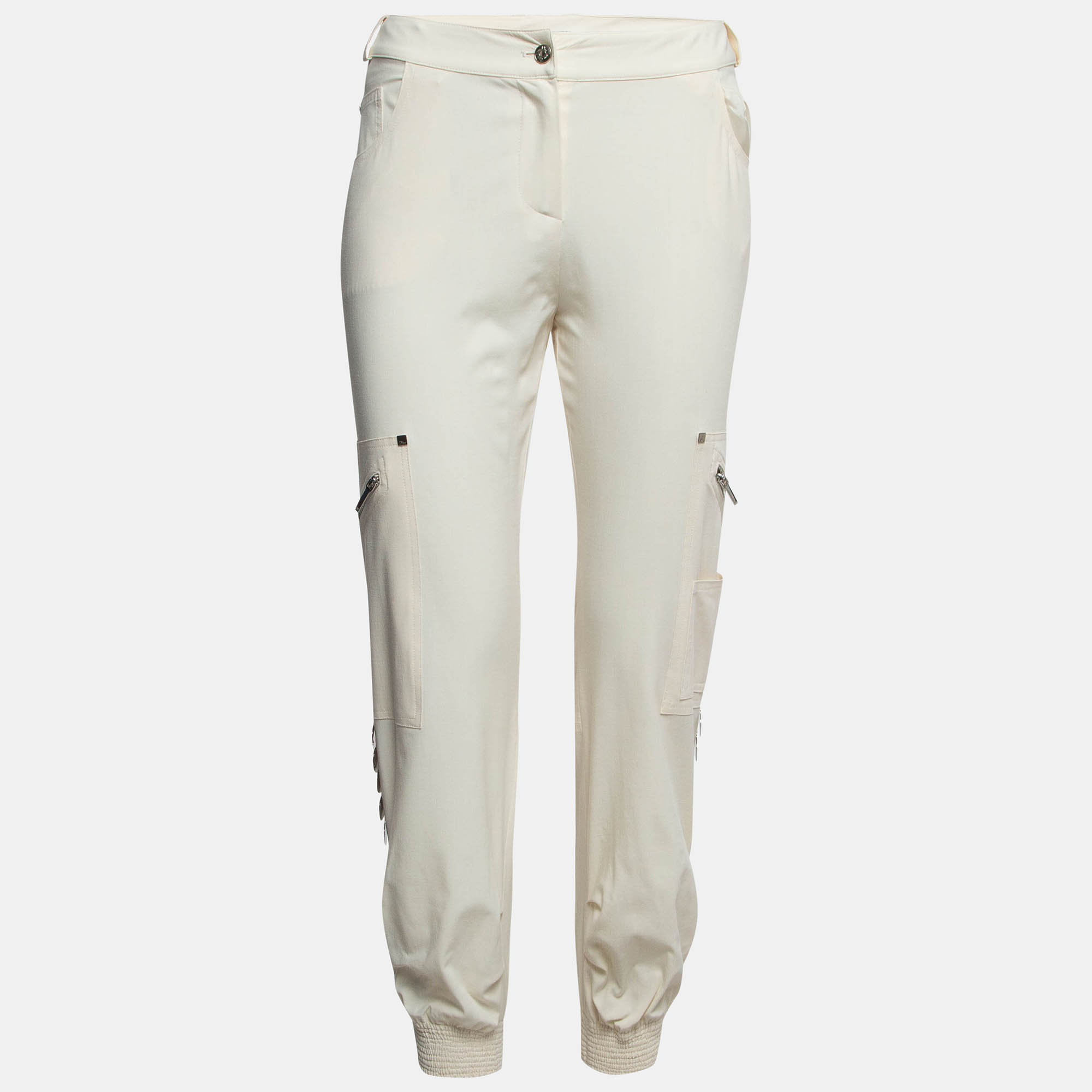 Pre Owned Christian Dior Boutique Beige Logo Embellished Stretch Crepe Joggers M