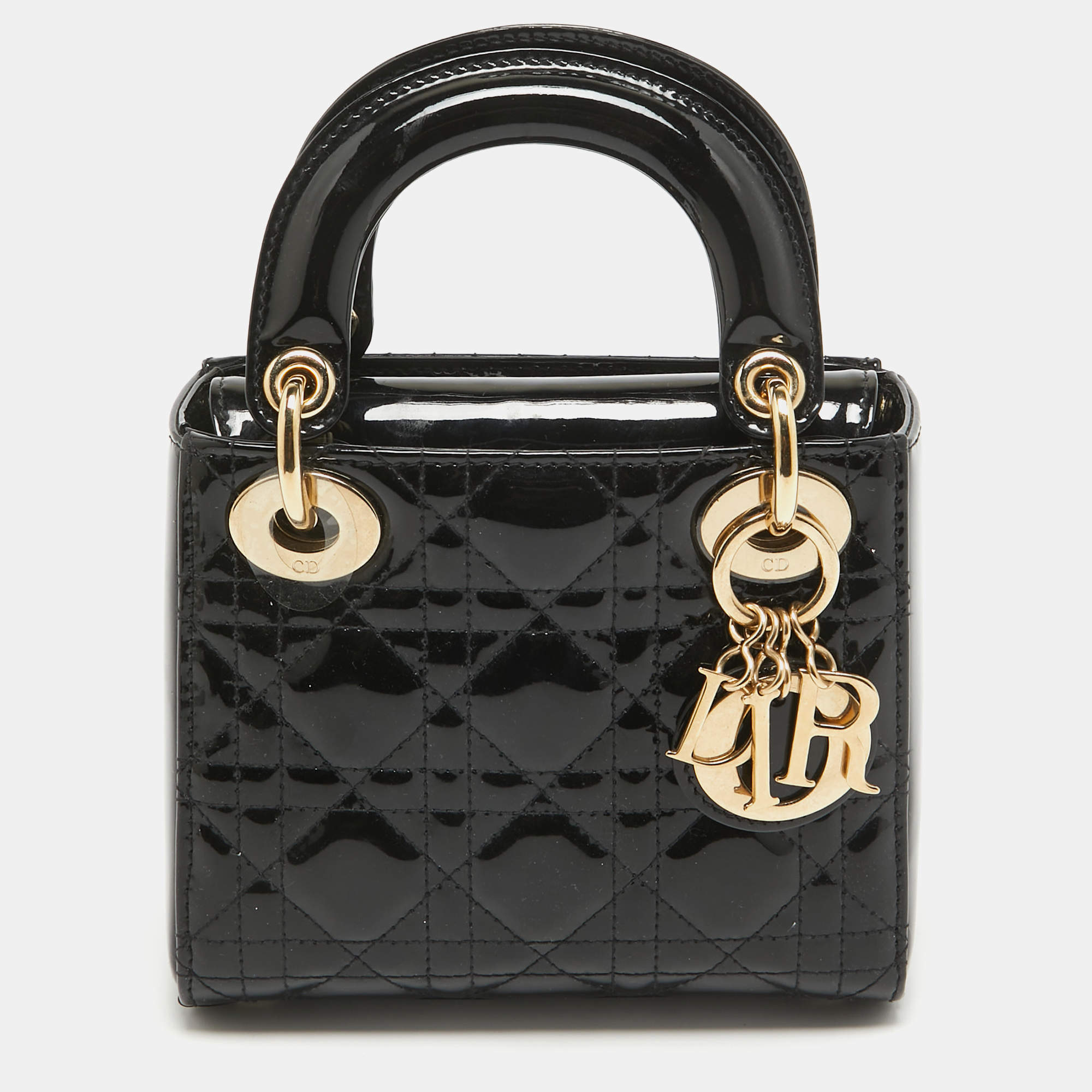 Pre Owned Dior Black Cannage Patent Leather Mini Lady Dior Tote