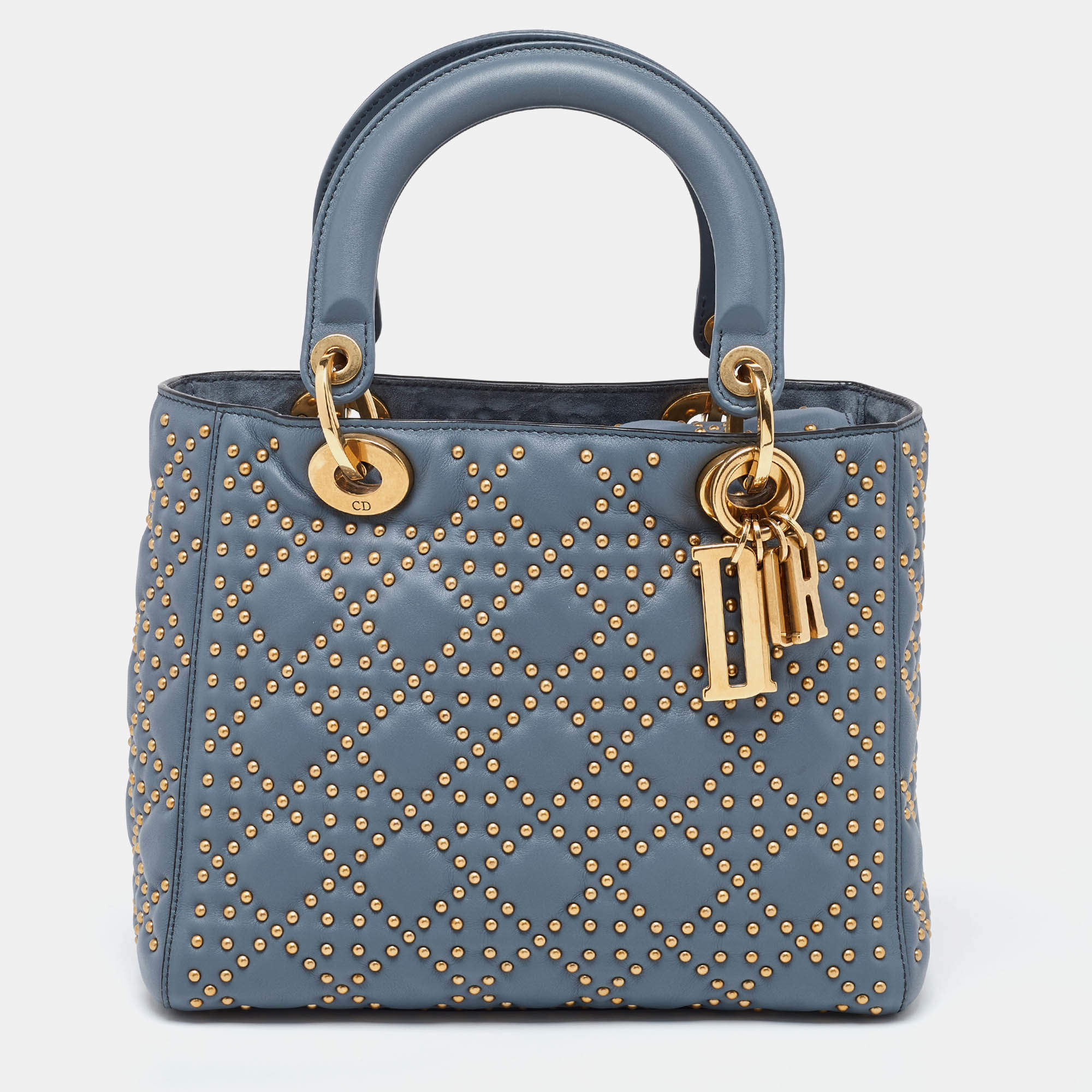 Pre Owned Dior Grey Leather Medium Studded Supple Lady Dior Tote